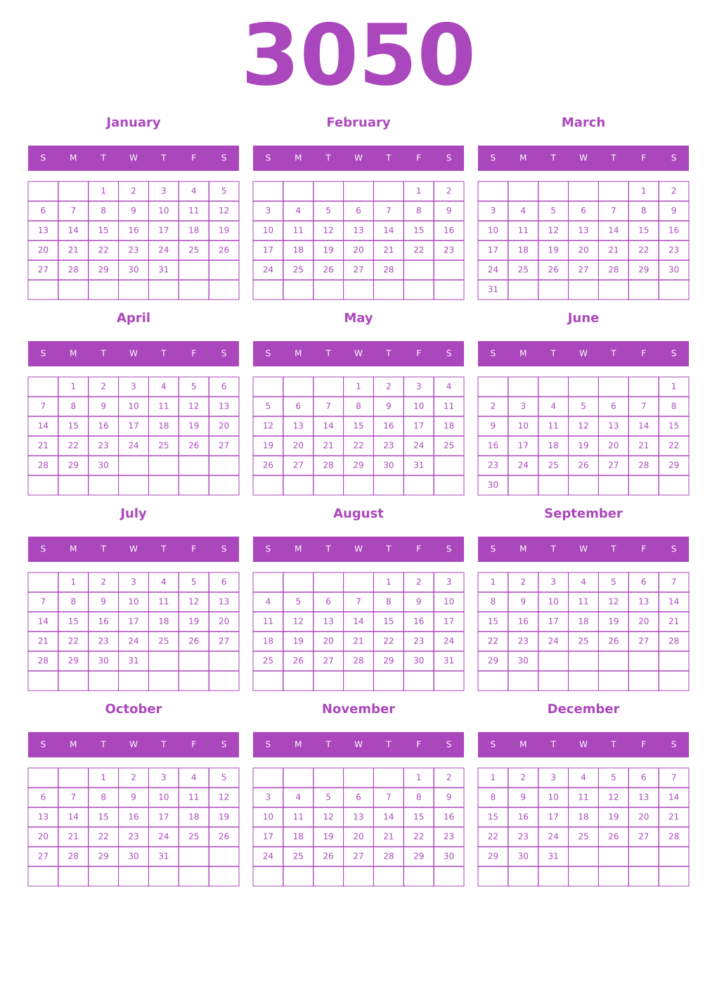 Printable 3050 Calendars