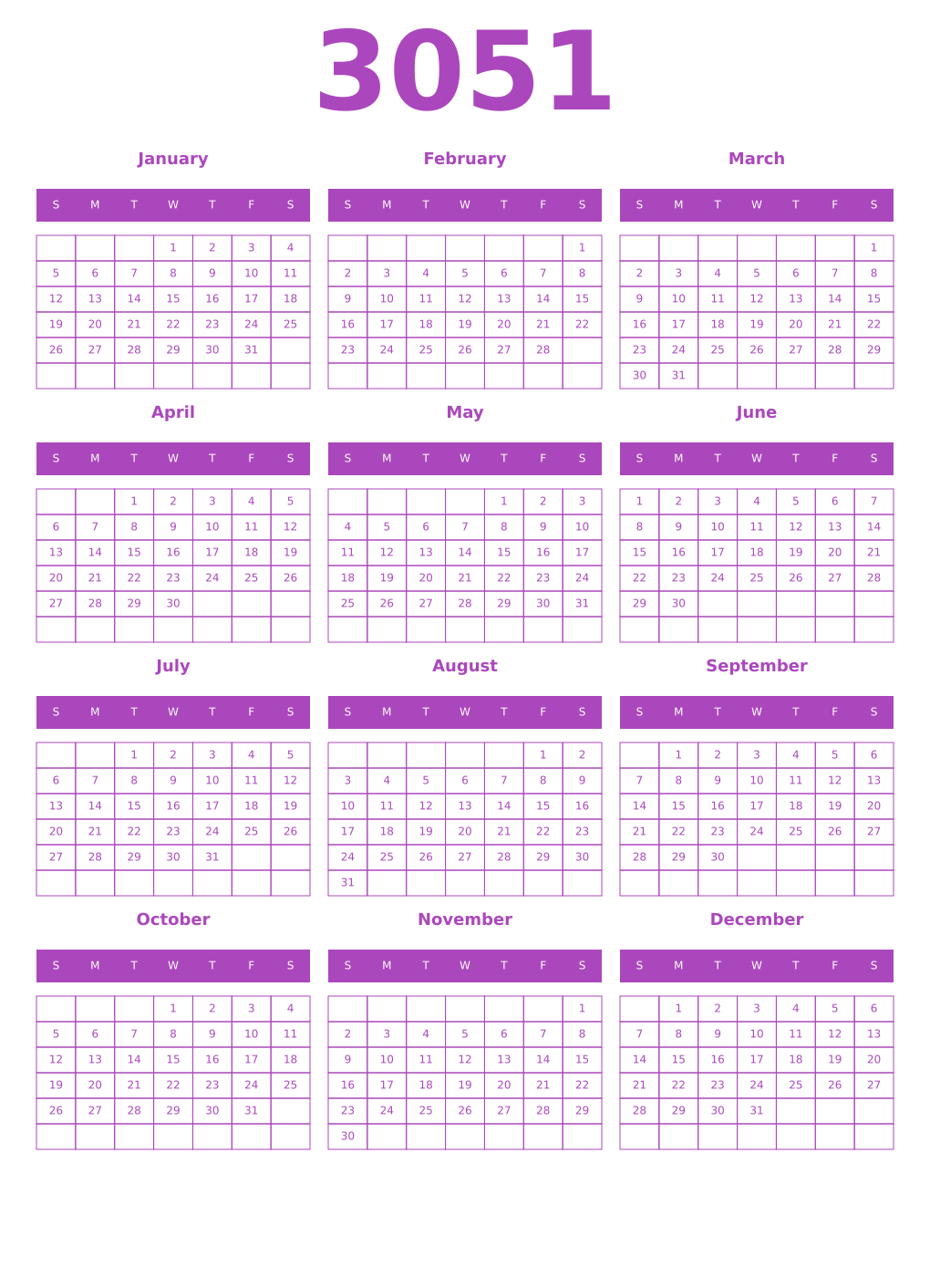 Printable 3051 Calendars