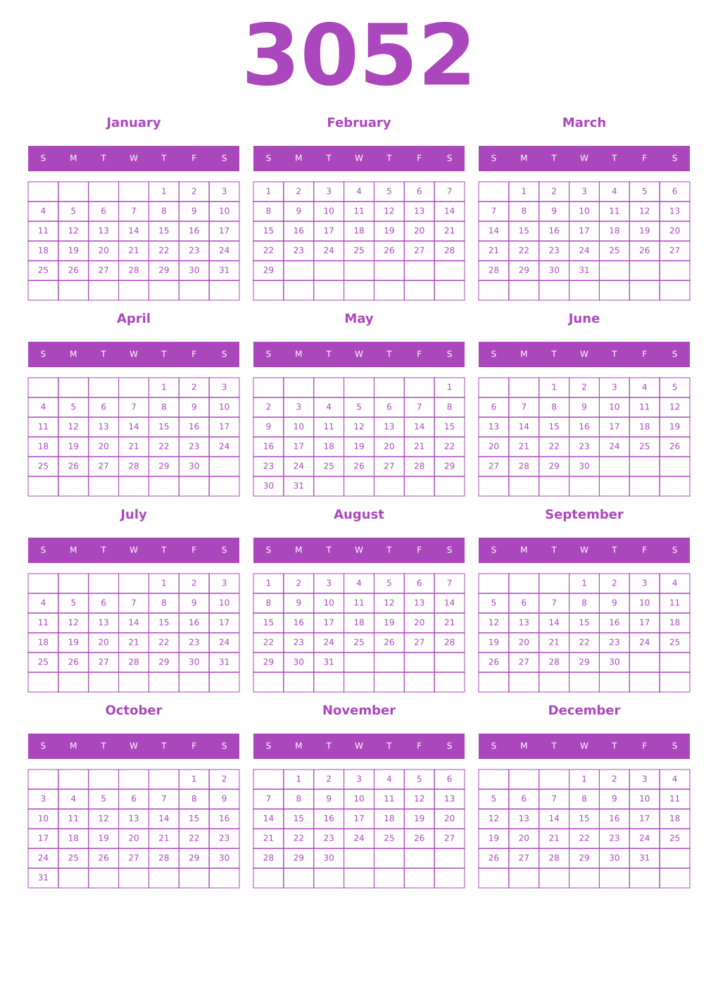 Printable 3052 Calendars