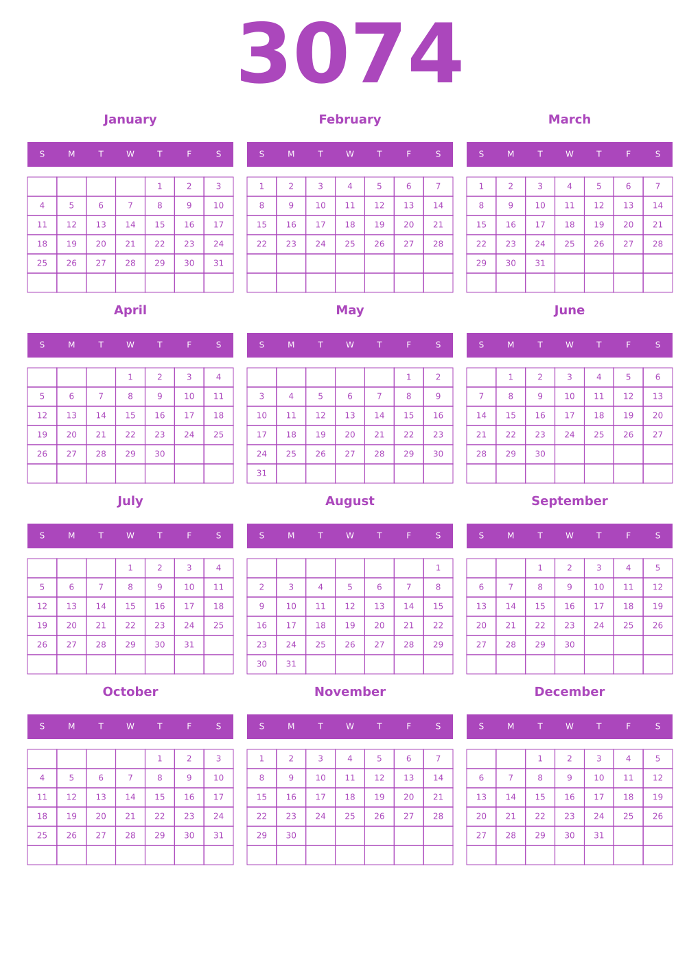 Printable 3074 Calendars