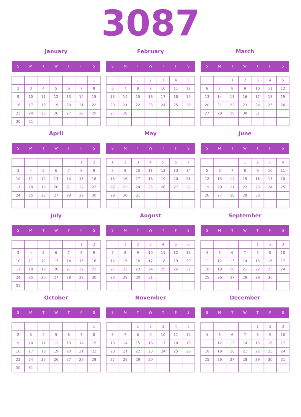 Printable 3087 Calendars
