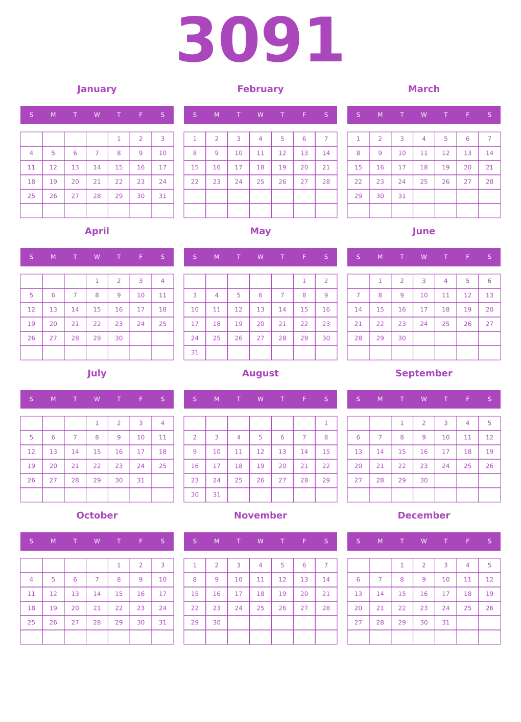 Printable 3091 Calendars