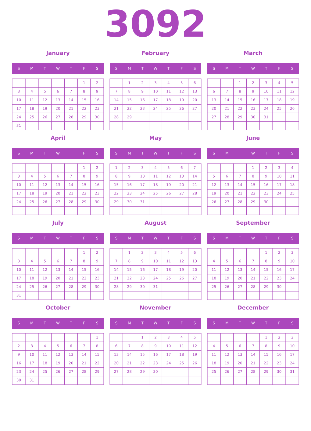 Printable 3092 Calendars