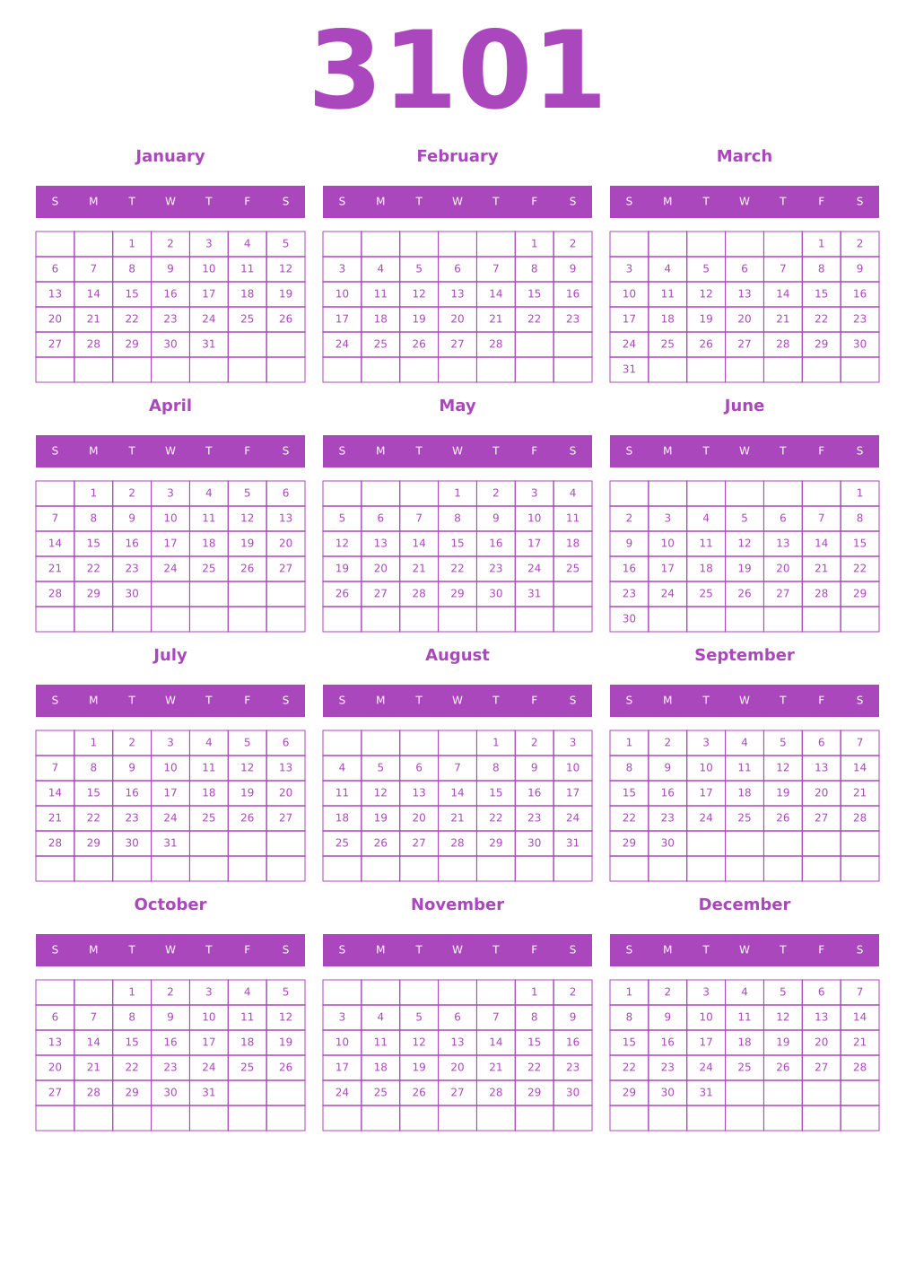 Printable 3101 Calendars