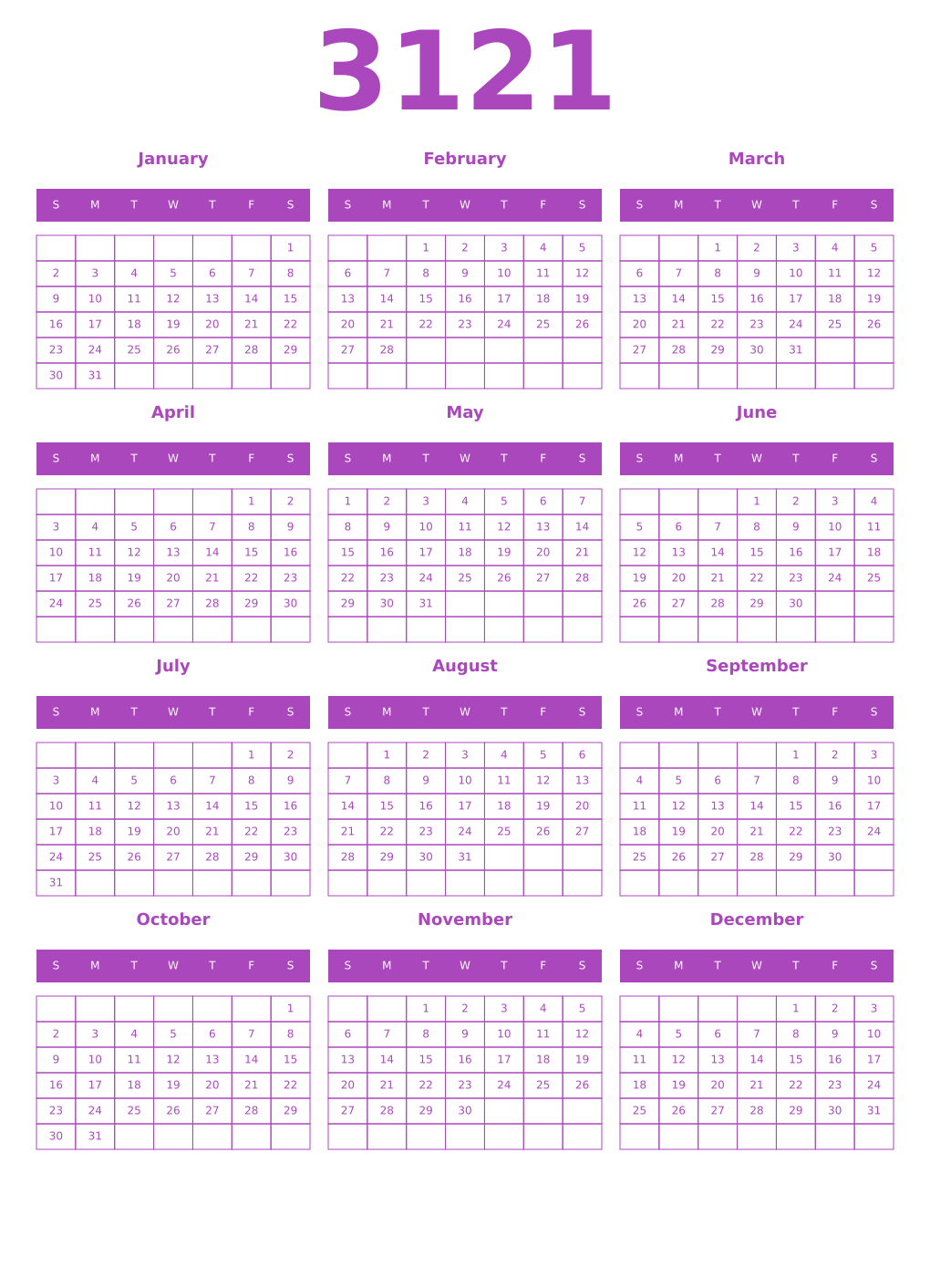 Printable 3121 Calendars