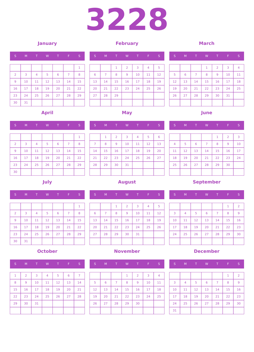 Printable 3228 Calendars