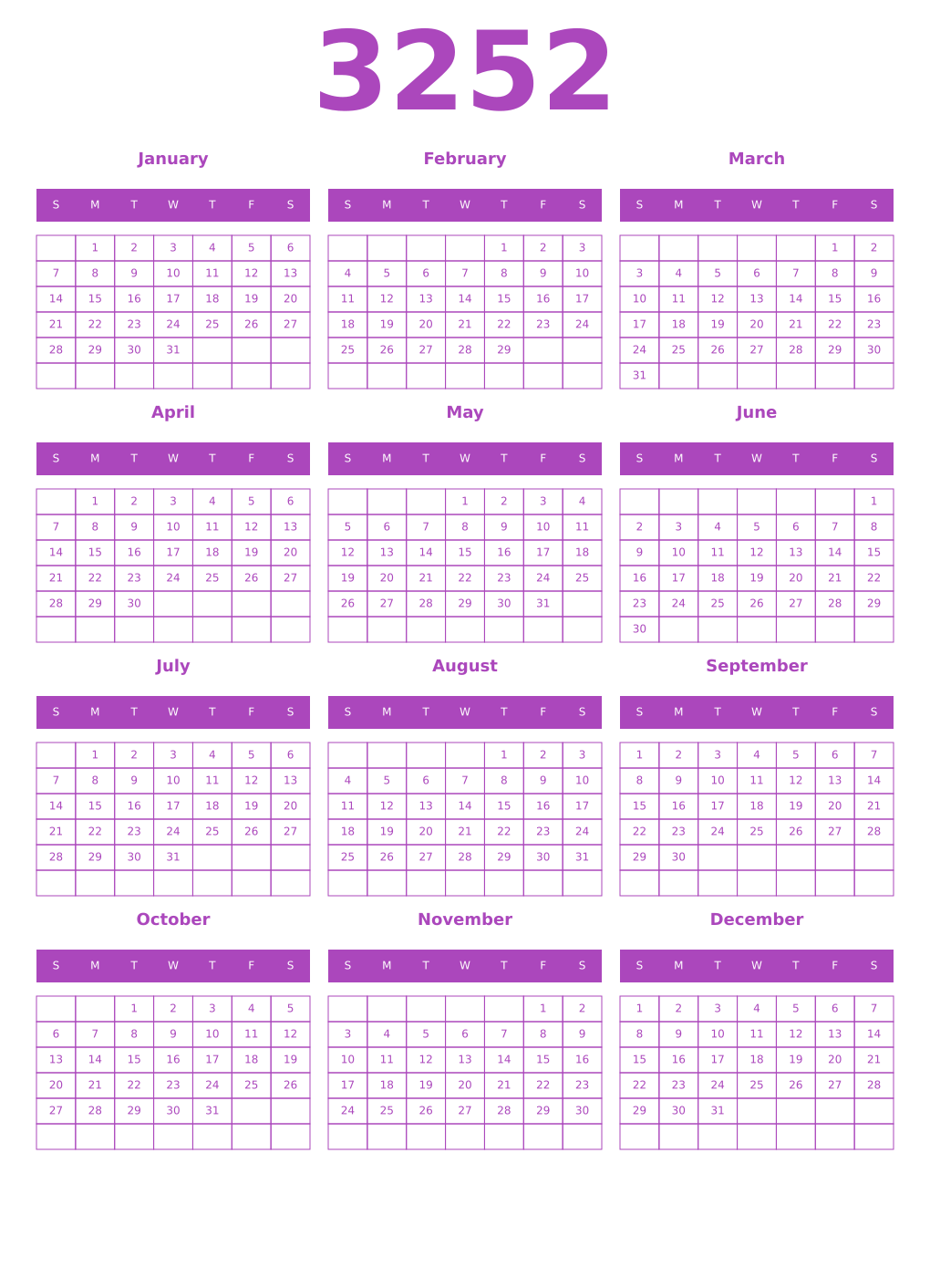Printable 3252 Calendars