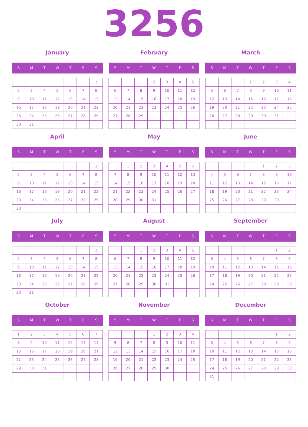 Printable 3256 Calendars