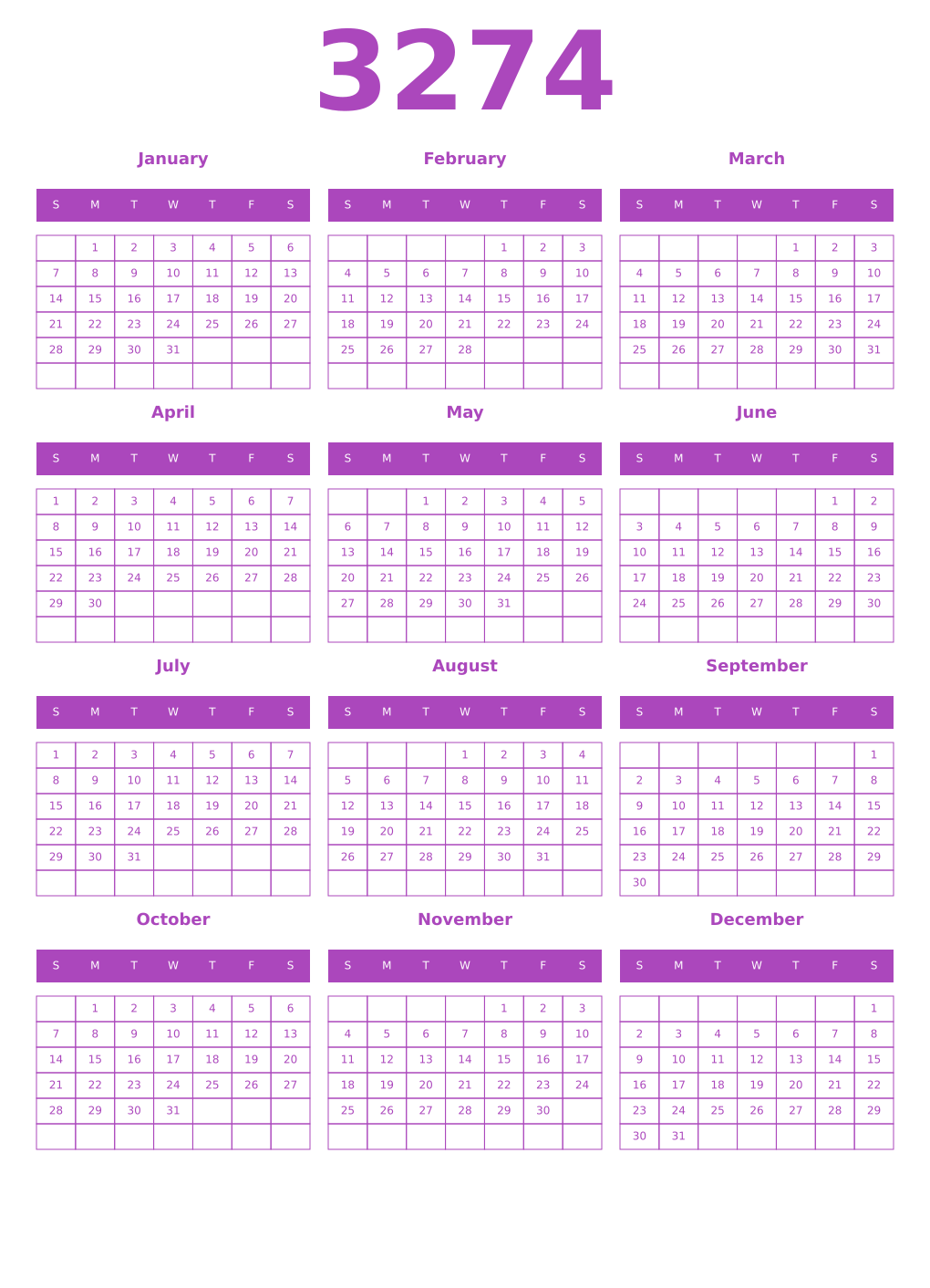 Printable 3274 Calendars