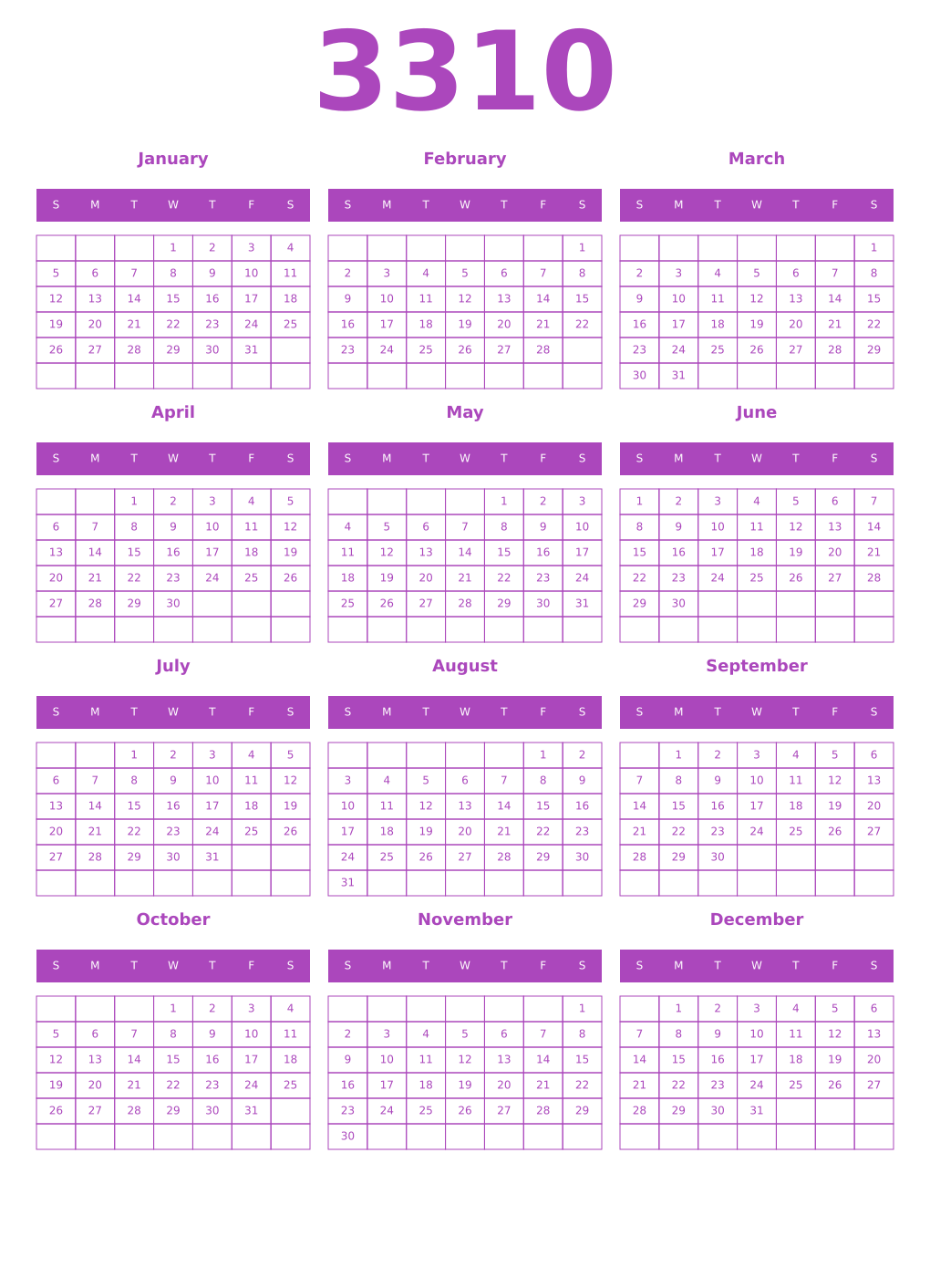 Printable 3310 Calendars