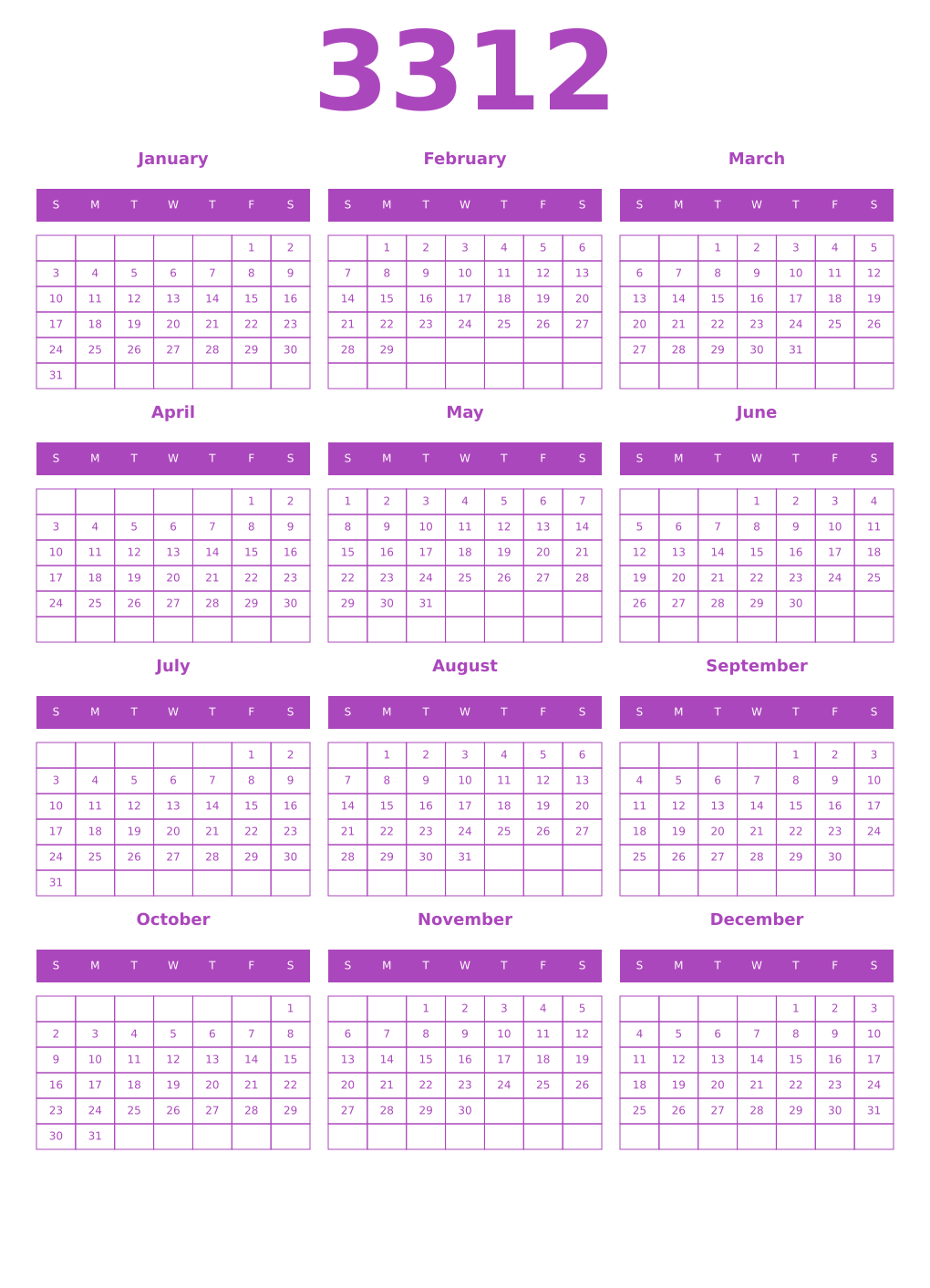 Printable 3312 Calendars