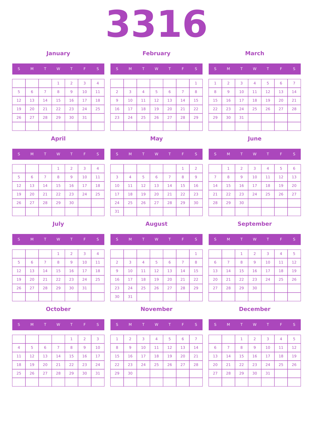 Printable 3316 Calendars