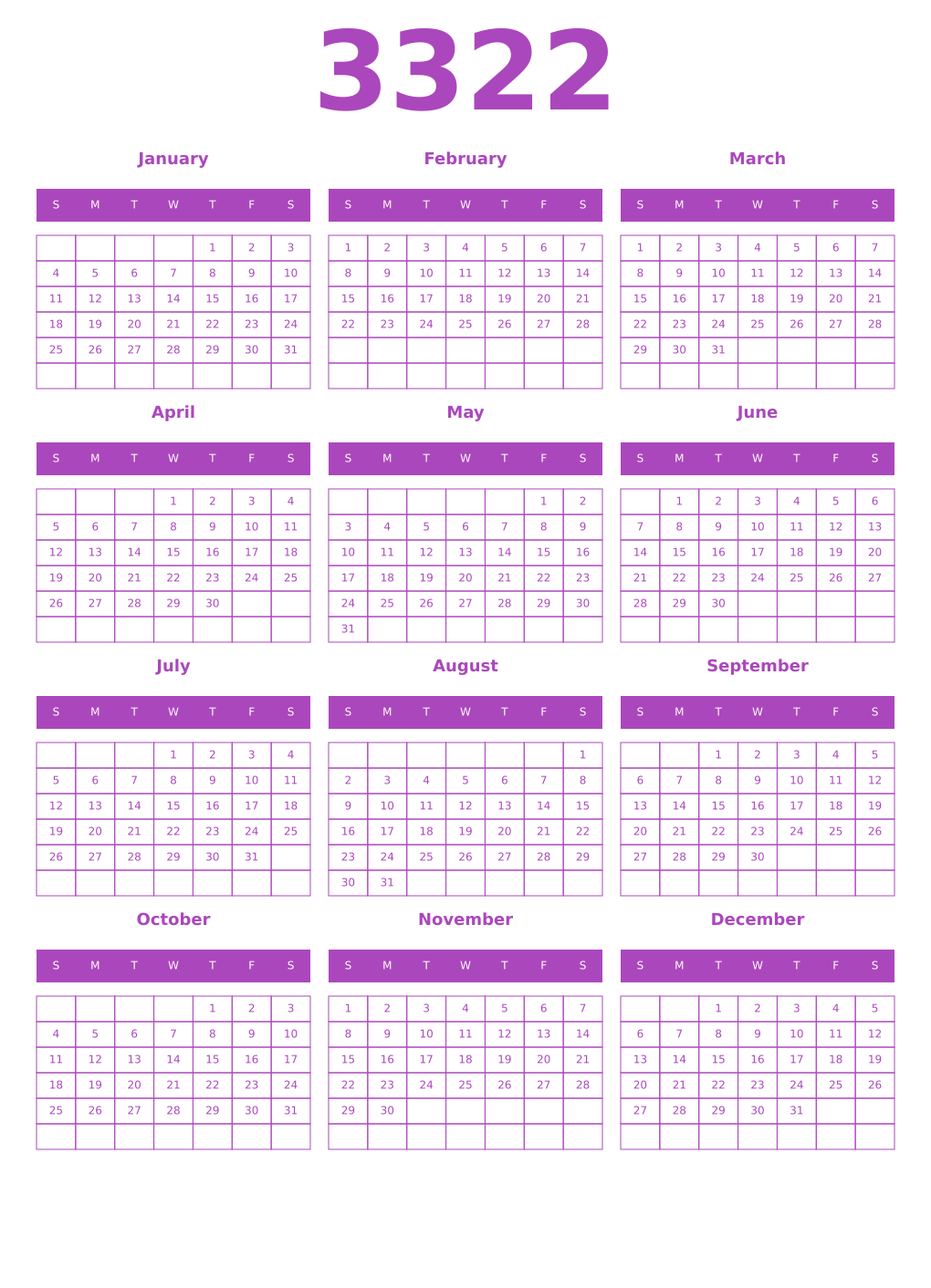Printable 3322 Calendars