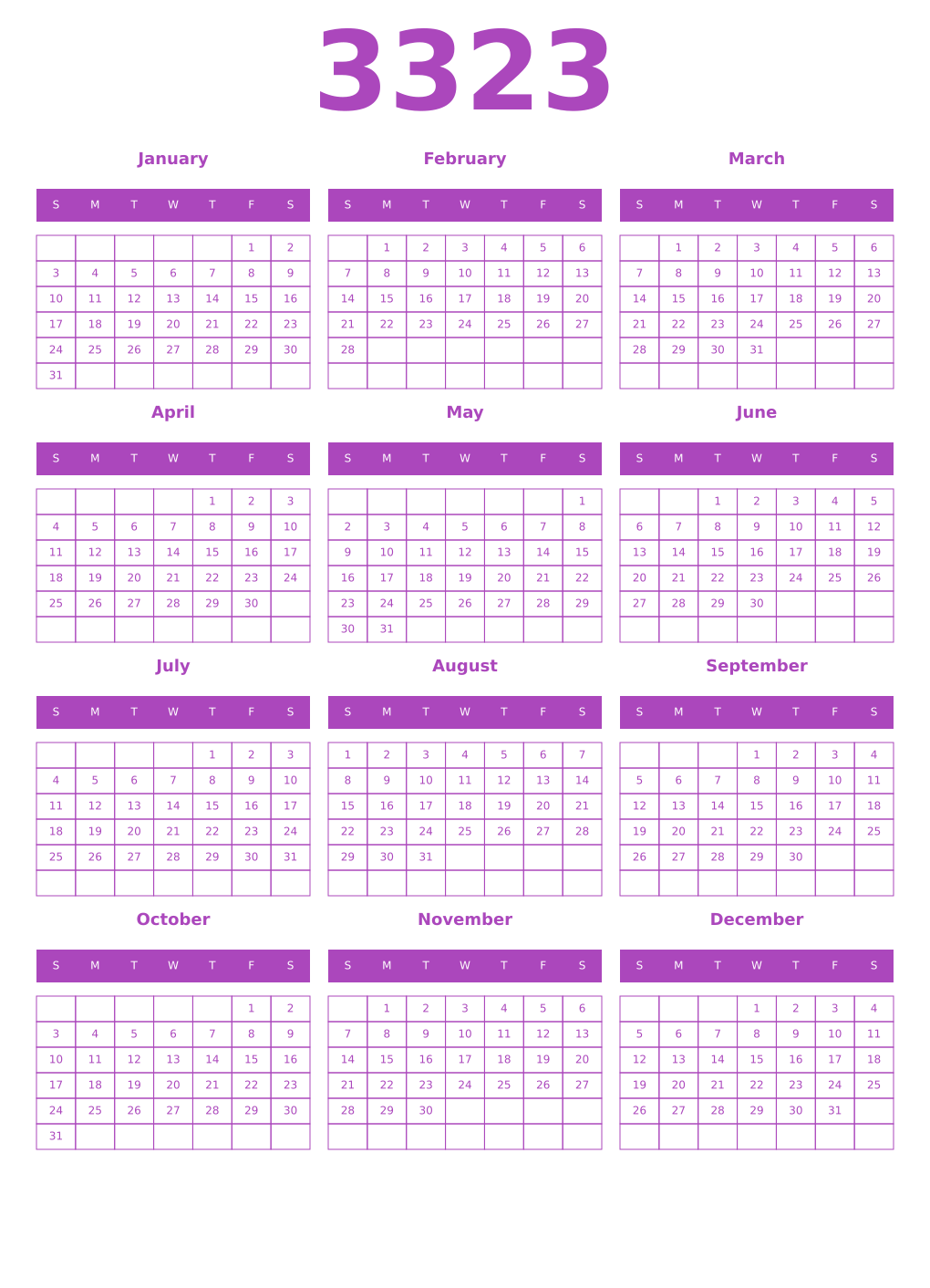 Printable 3323 Calendars