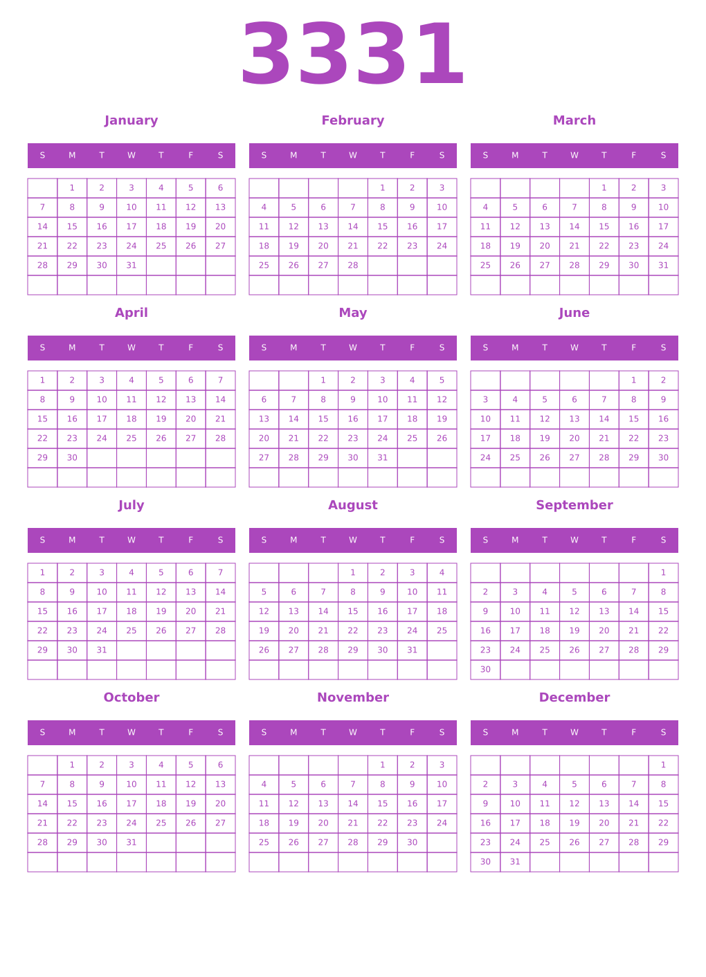 Printable 3331 Calendars