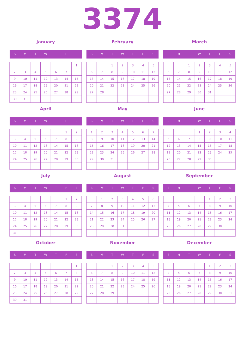 Printable 3374 Calendars