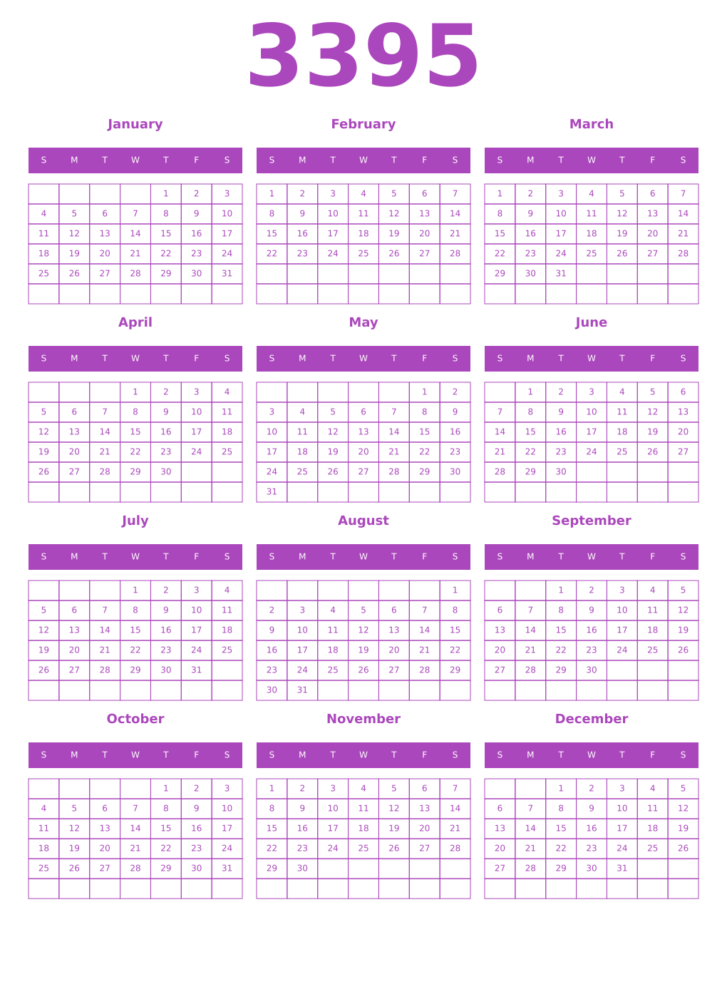Printable 3395 Calendars