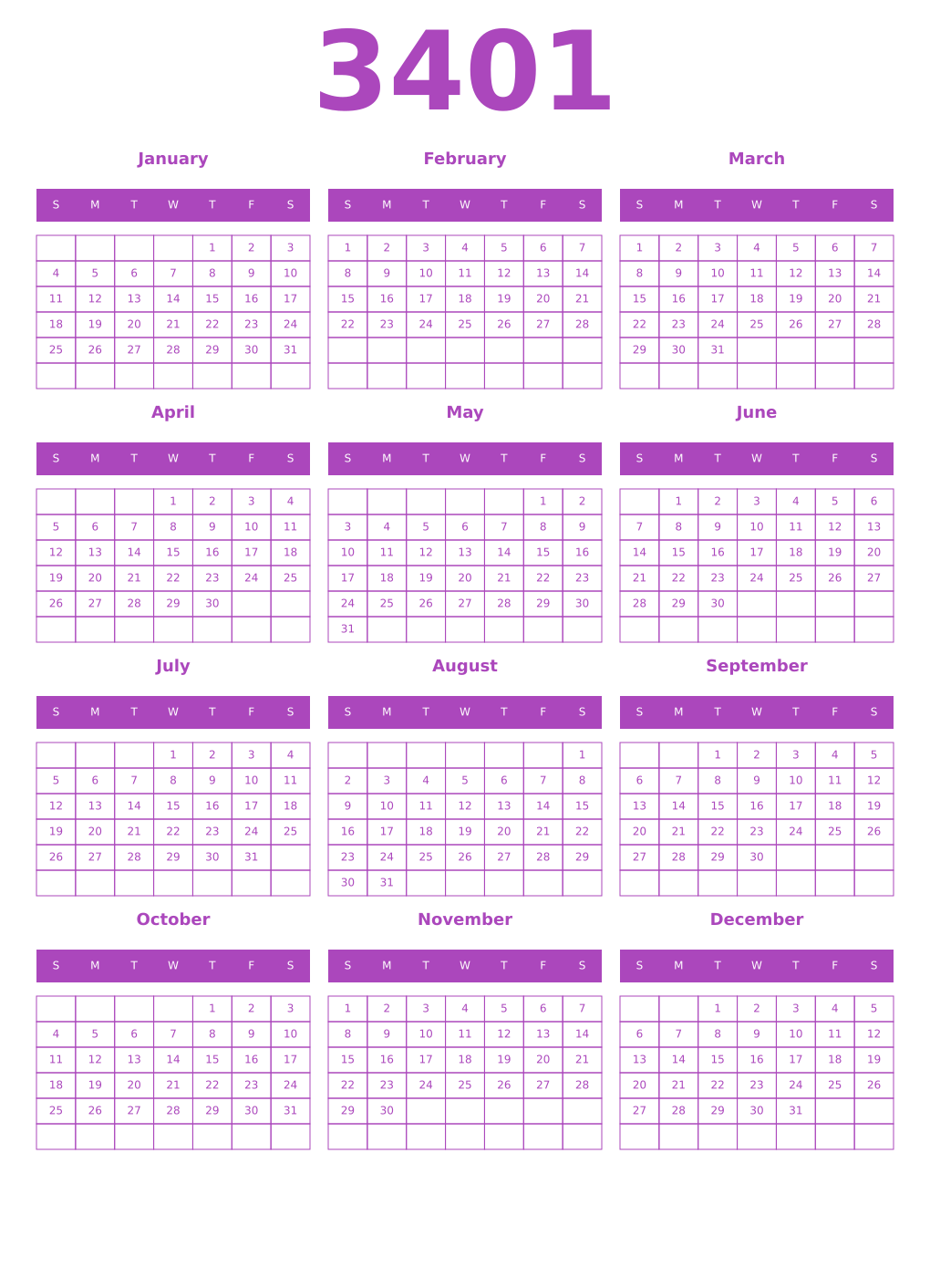 Printable 3401 Calendars