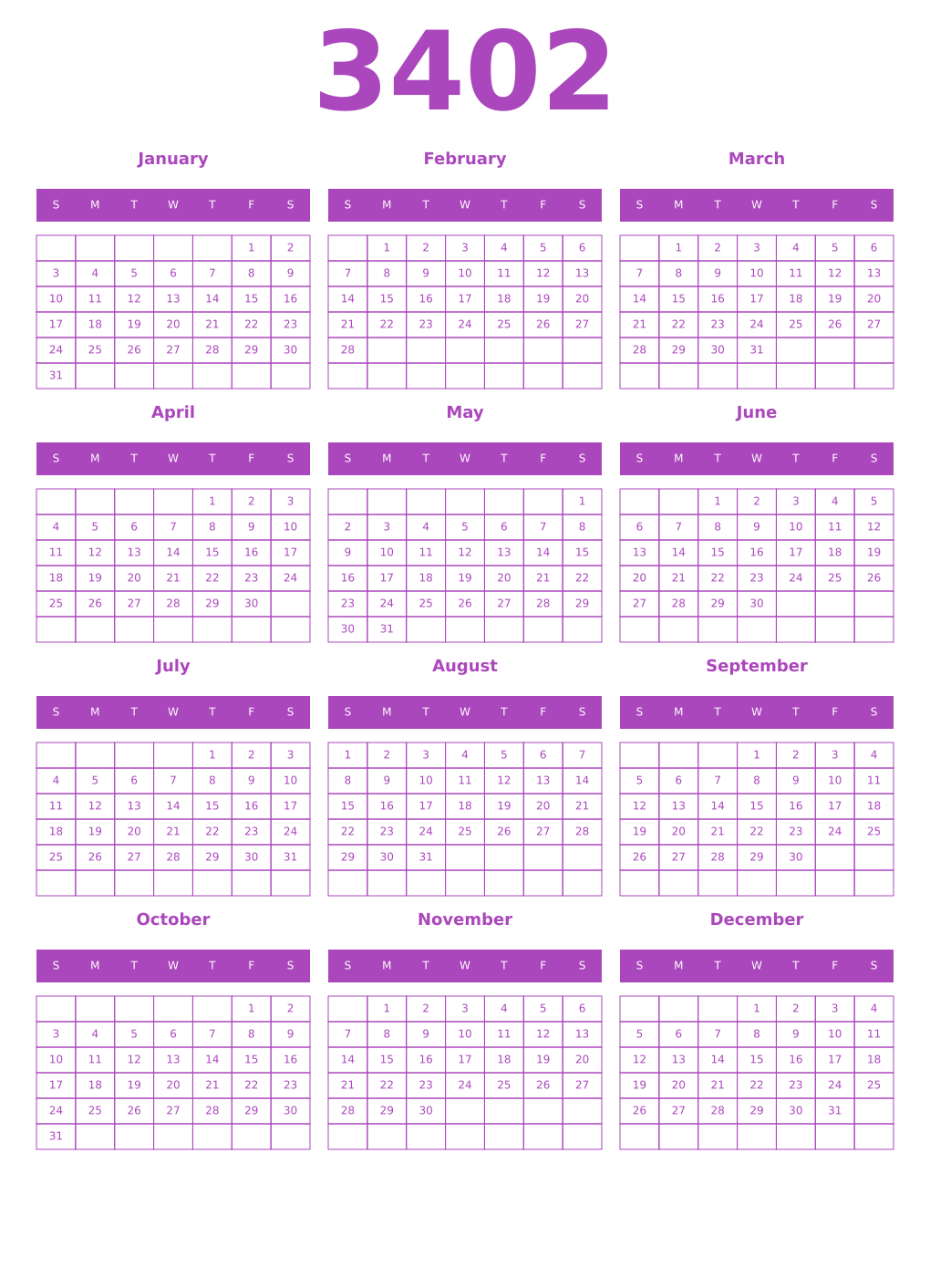 Printable 3402 Calendars