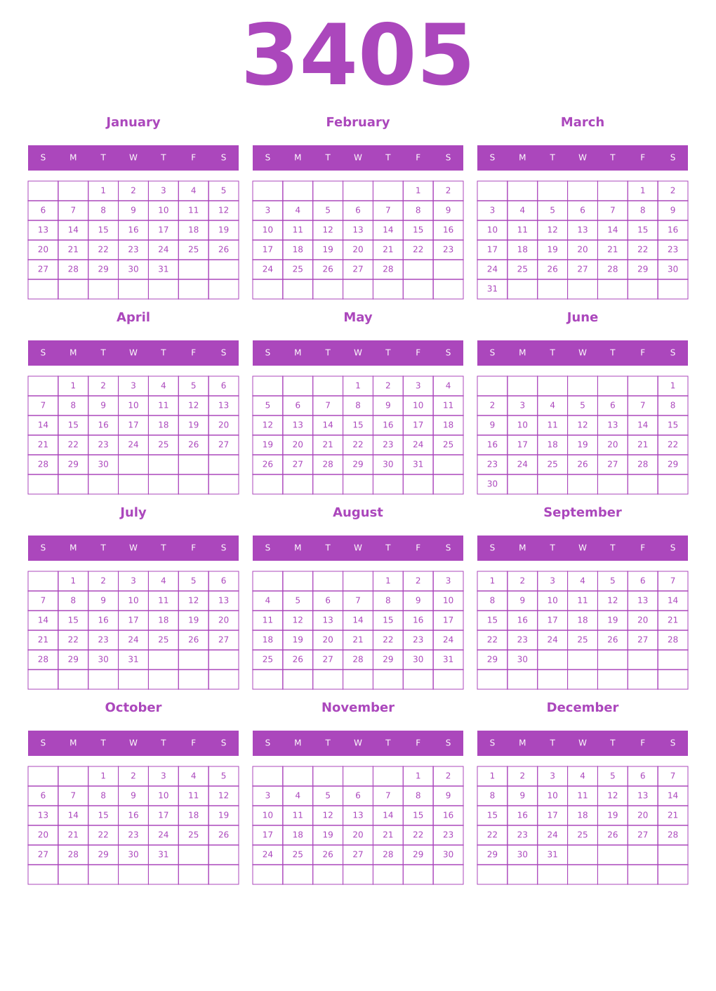 Printable 3405 Calendars