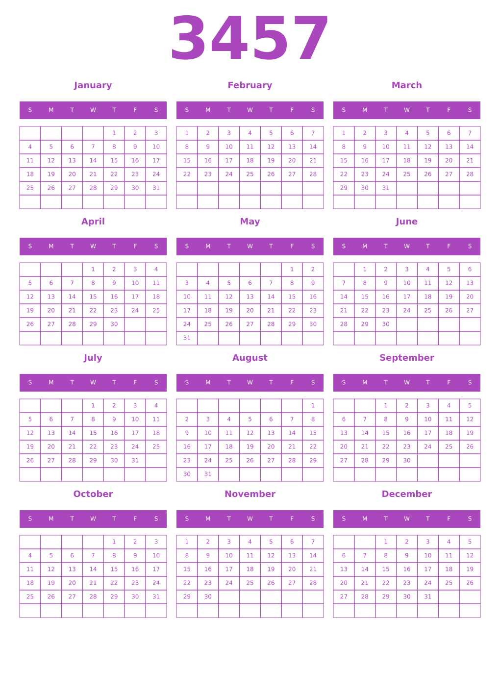 Printable 3457 Calendars