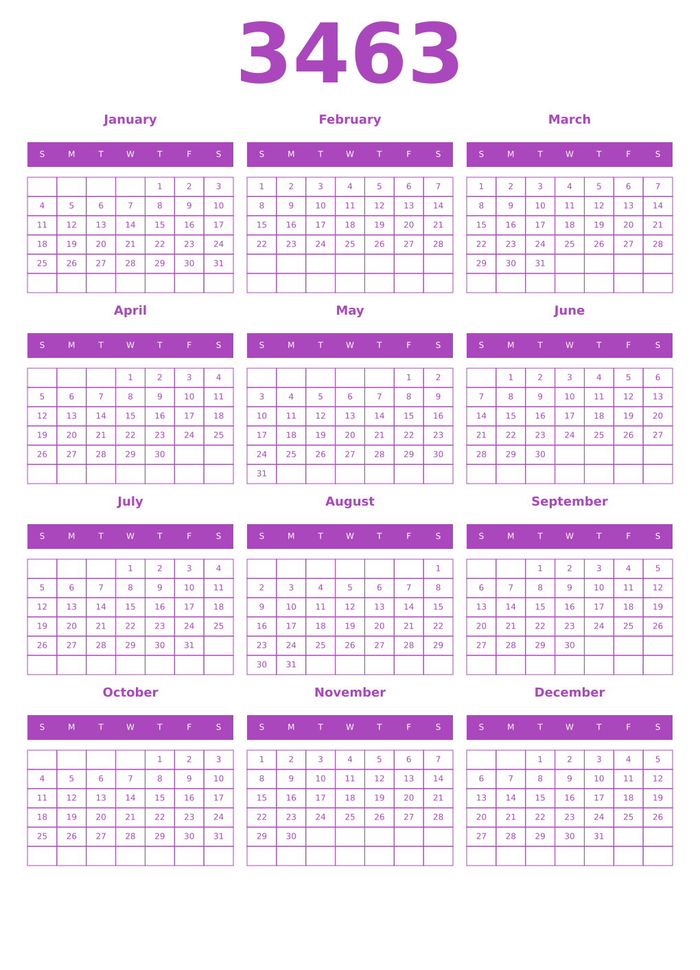 Printable 3463 Calendars