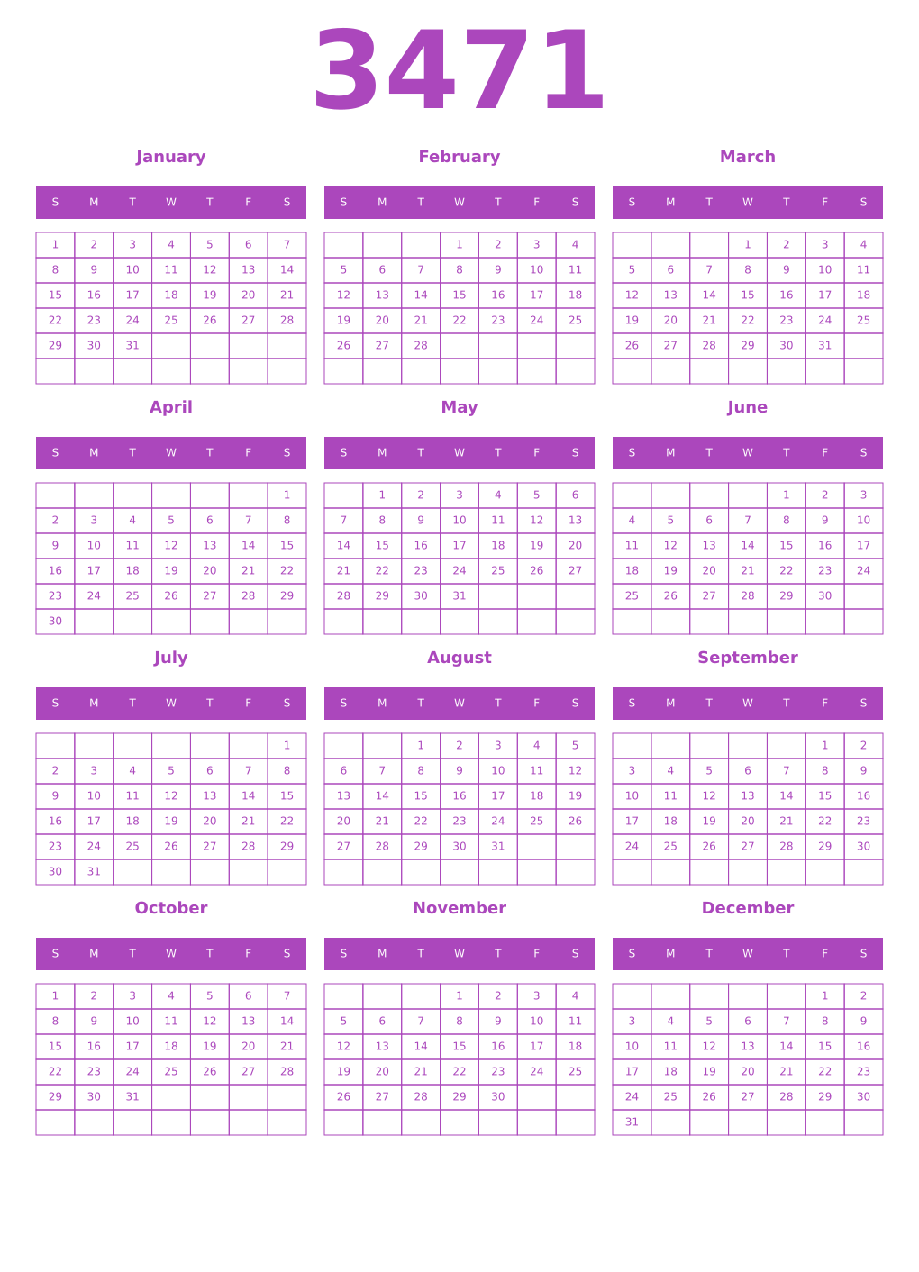 Printable 3471 Calendars