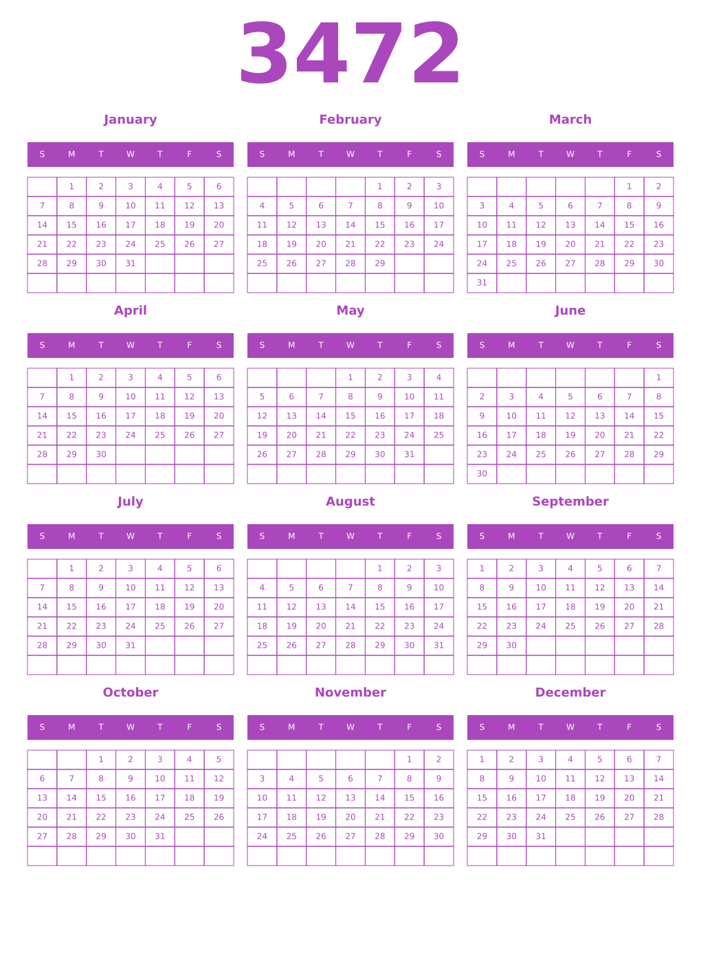 Printable 3472 Calendars