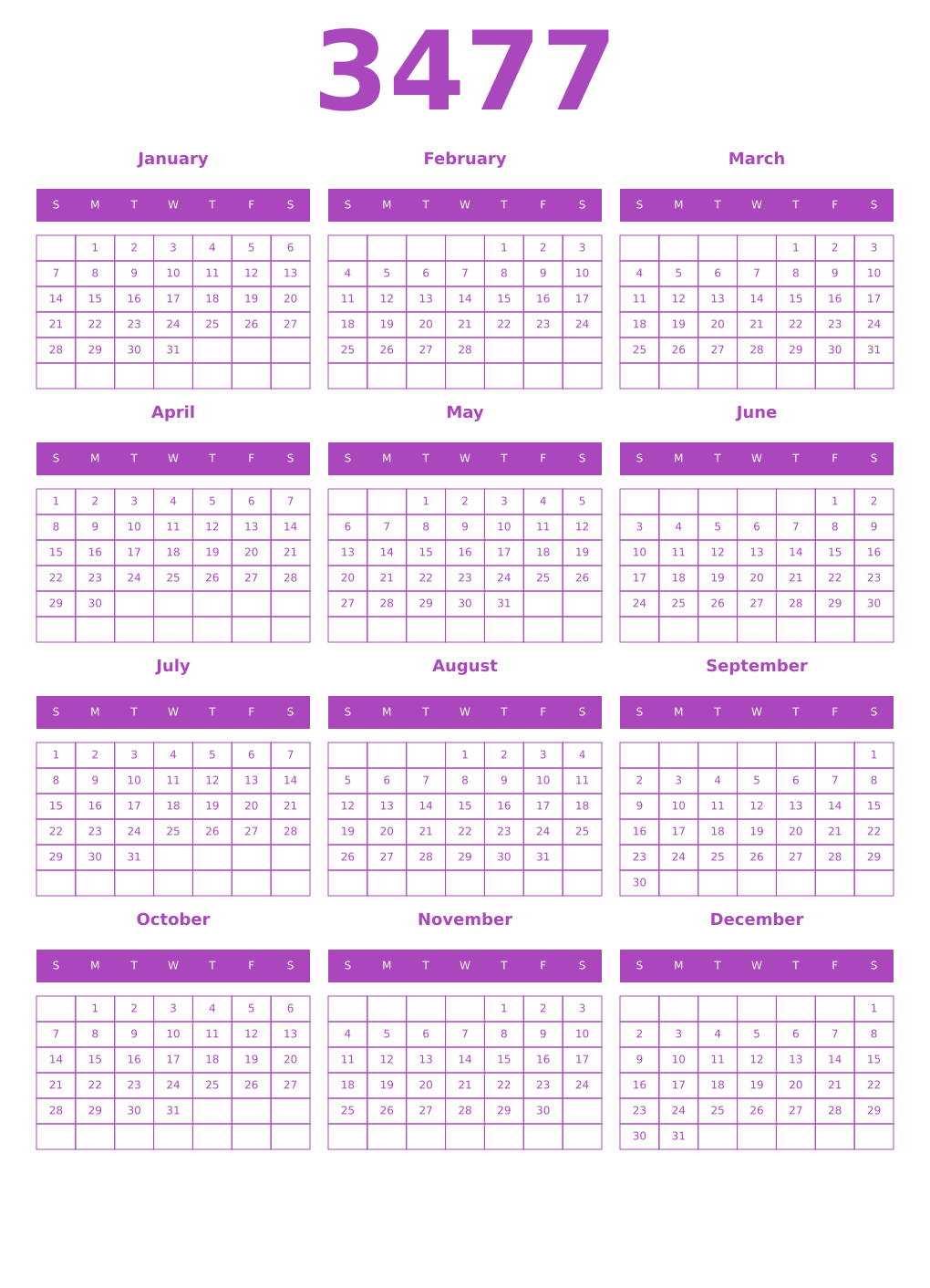 Printable 3477 Calendars