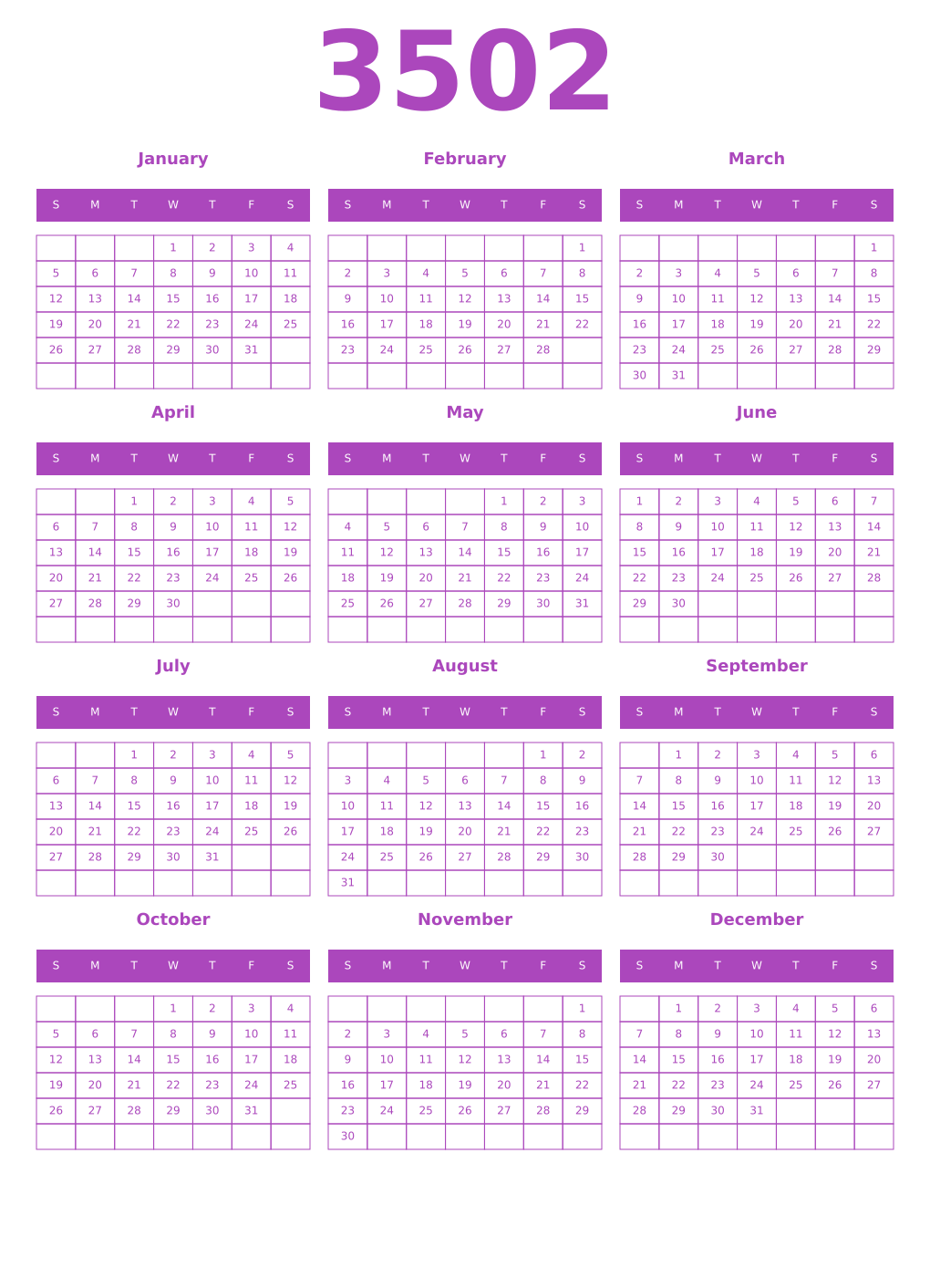 Printable 3502 Calendars