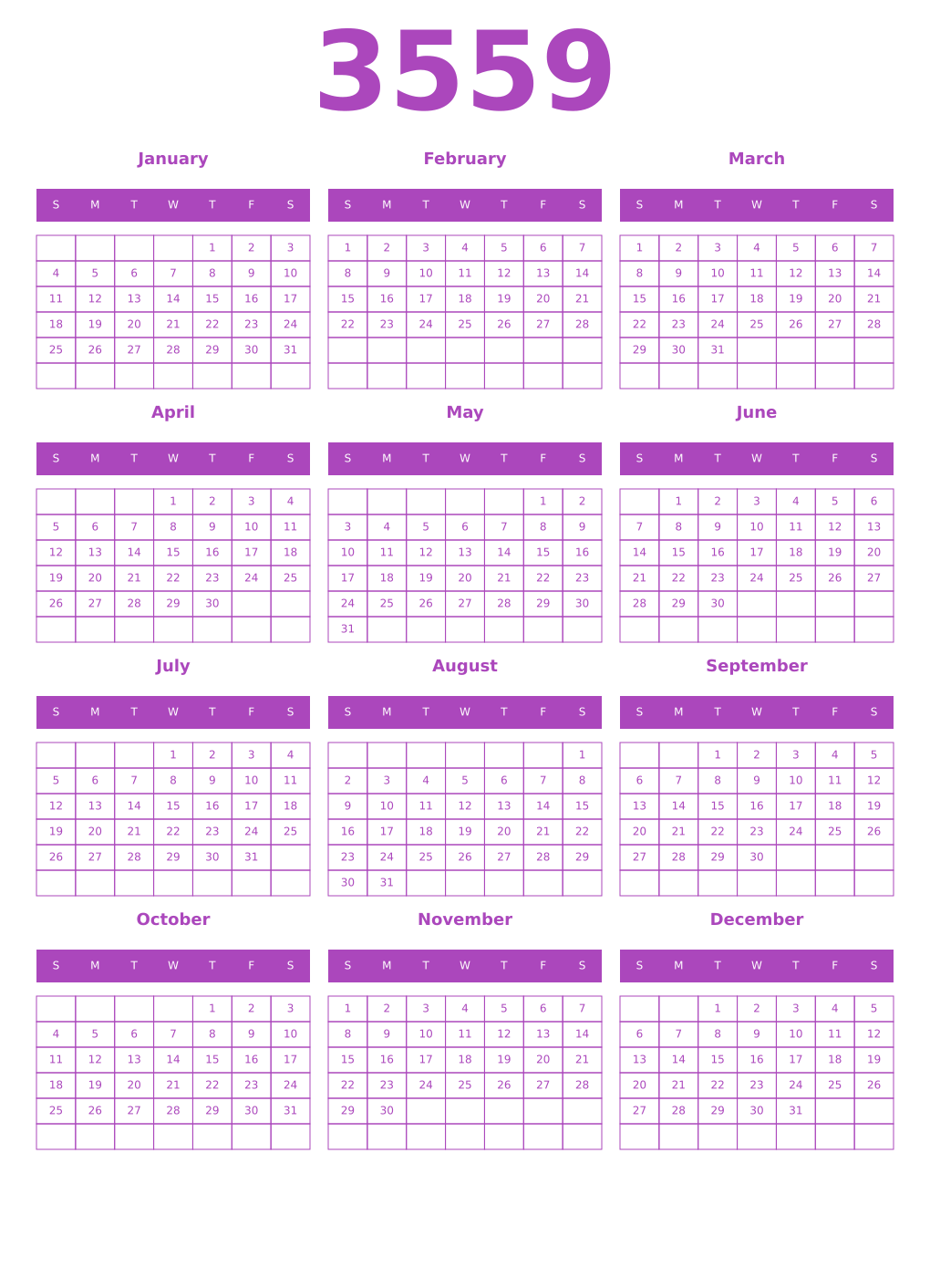 Printable 3559 Calendars