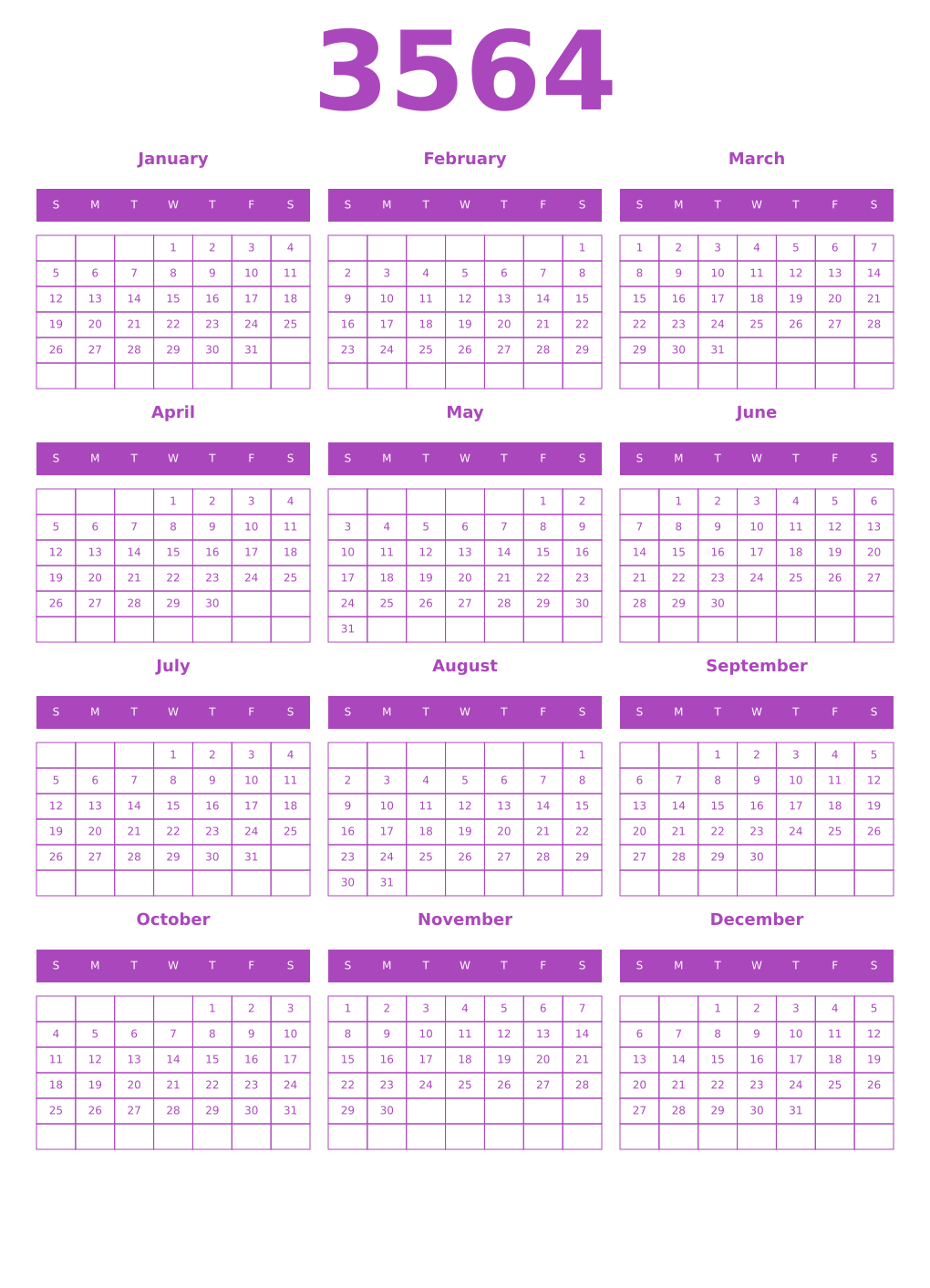 Printable 3564 Calendars