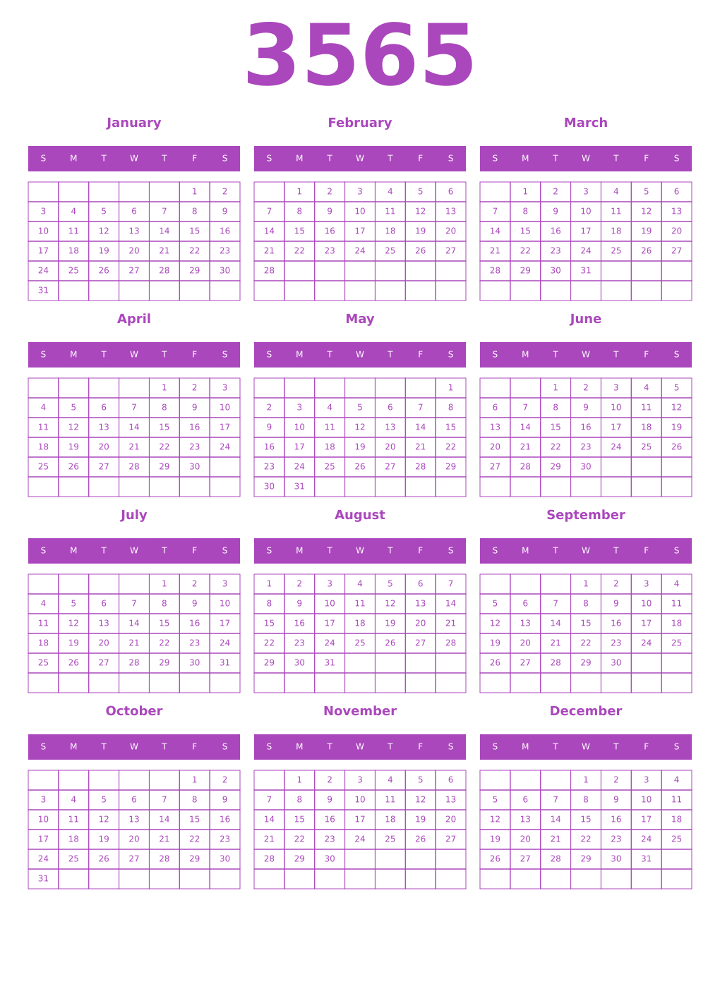 Printable 3565 Calendars