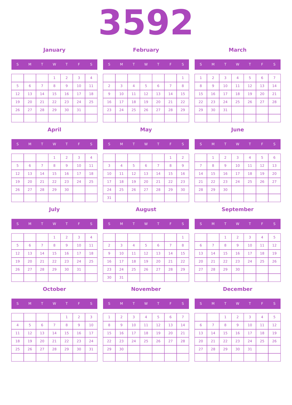 Printable 3592 Calendars