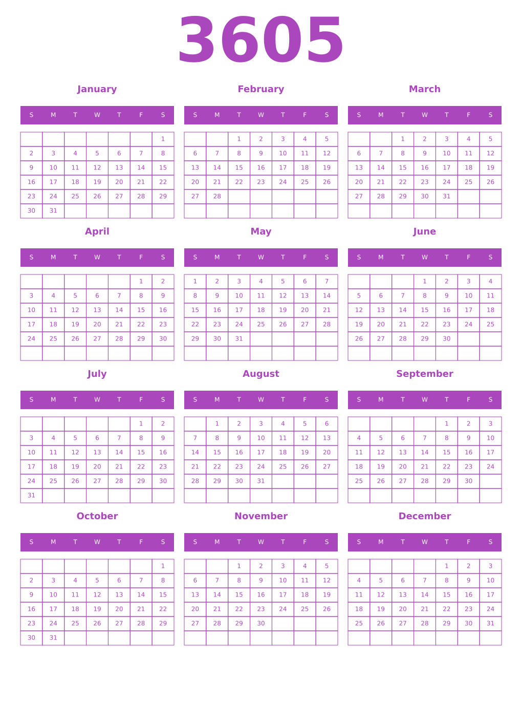 Printable 3605 Calendars