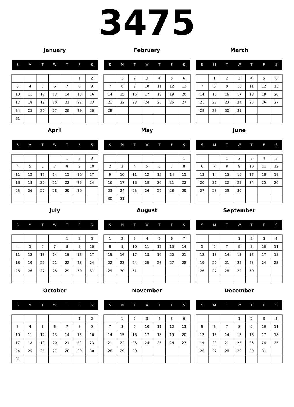 Printable 3475 Calendars