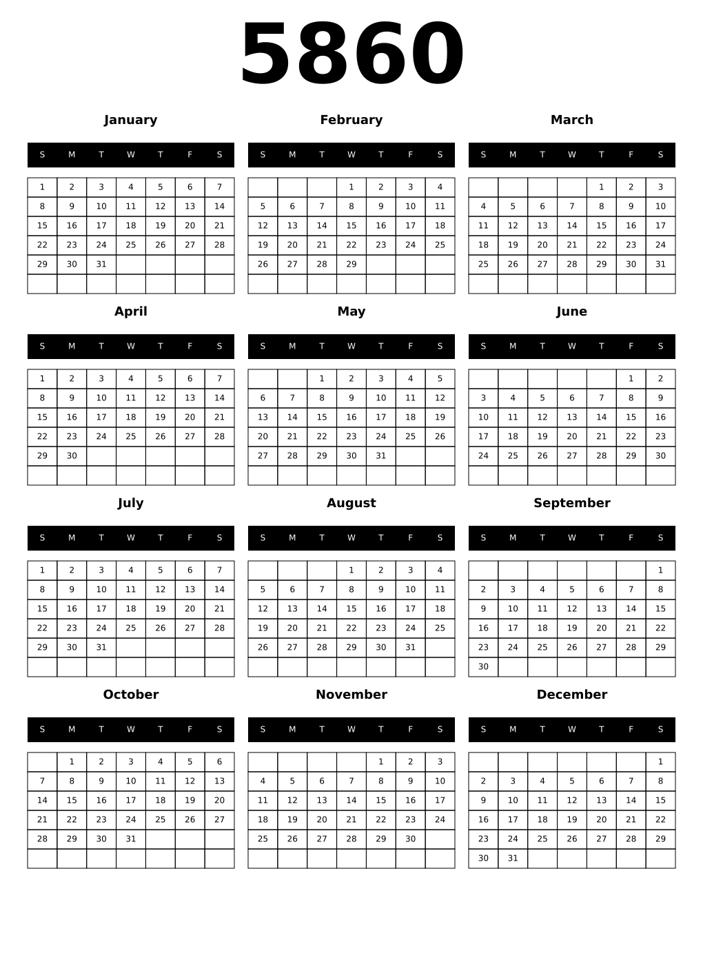 Printable 5860 Calendars