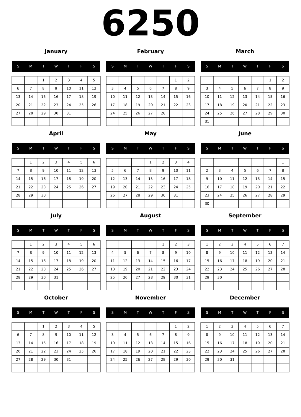Printable 6250 Calendars