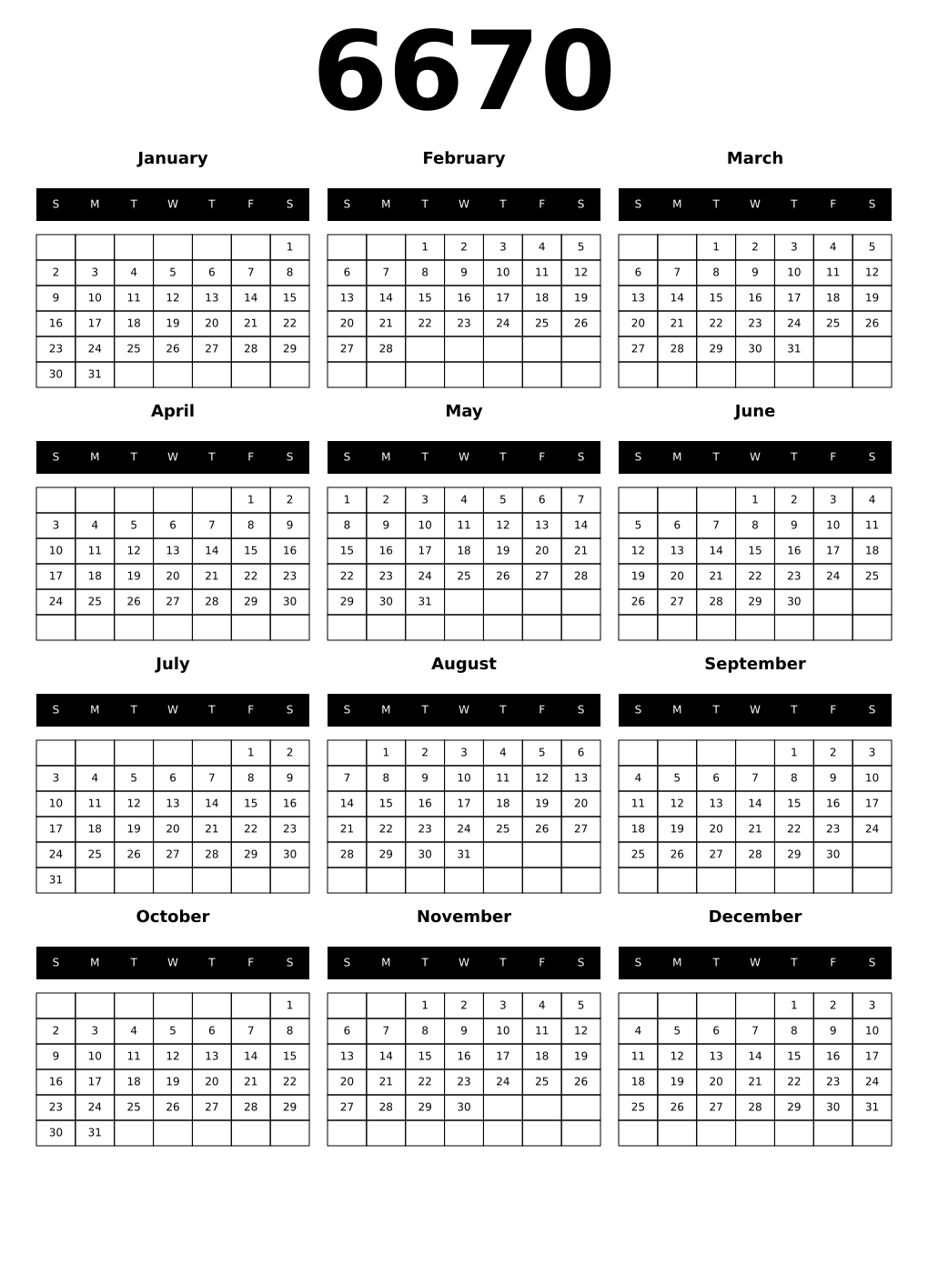 Printable 6670 Calendars