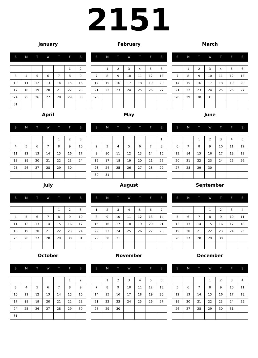 Printable 2151 Calendars