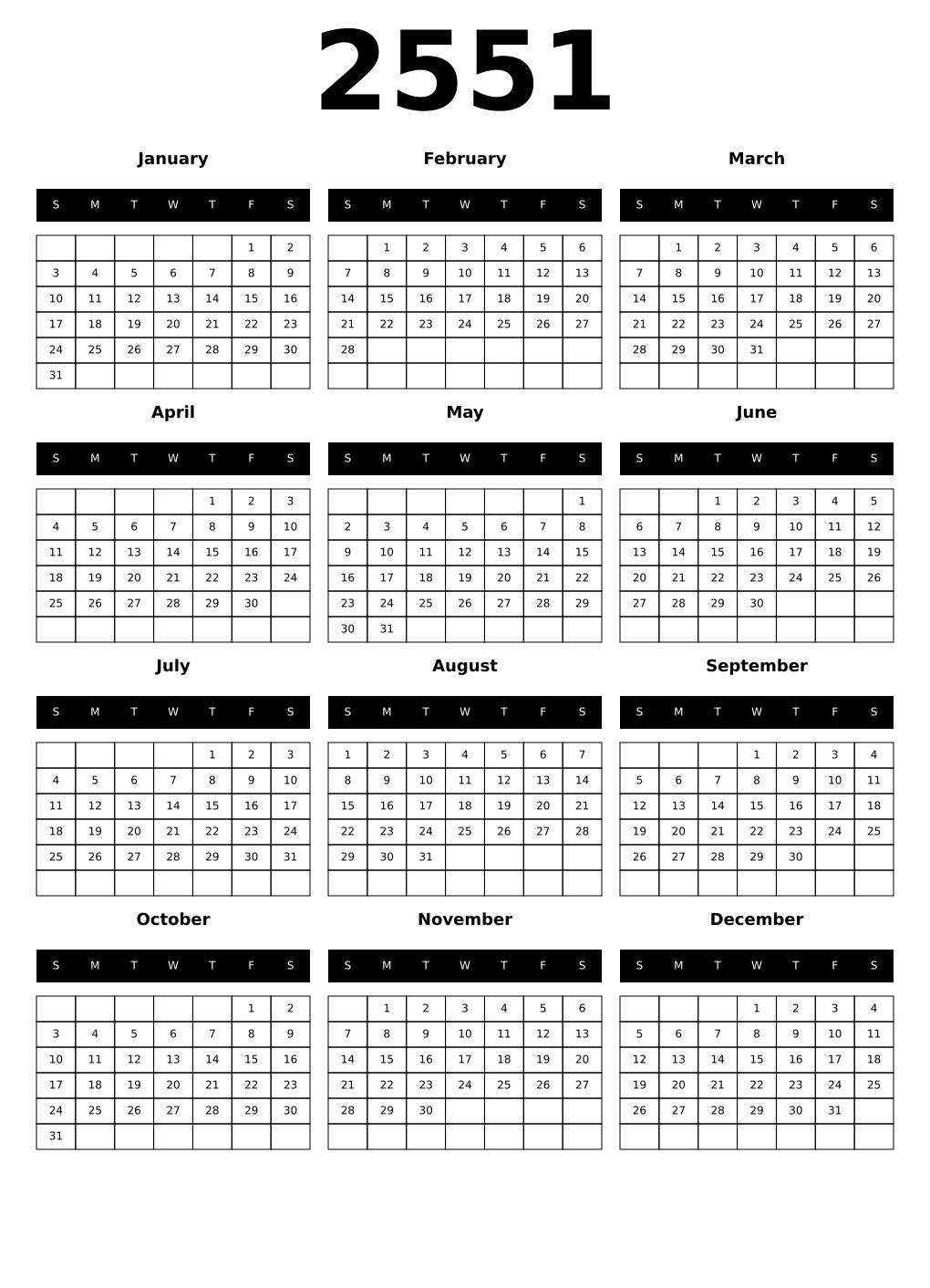 Printable 2551 Calendars