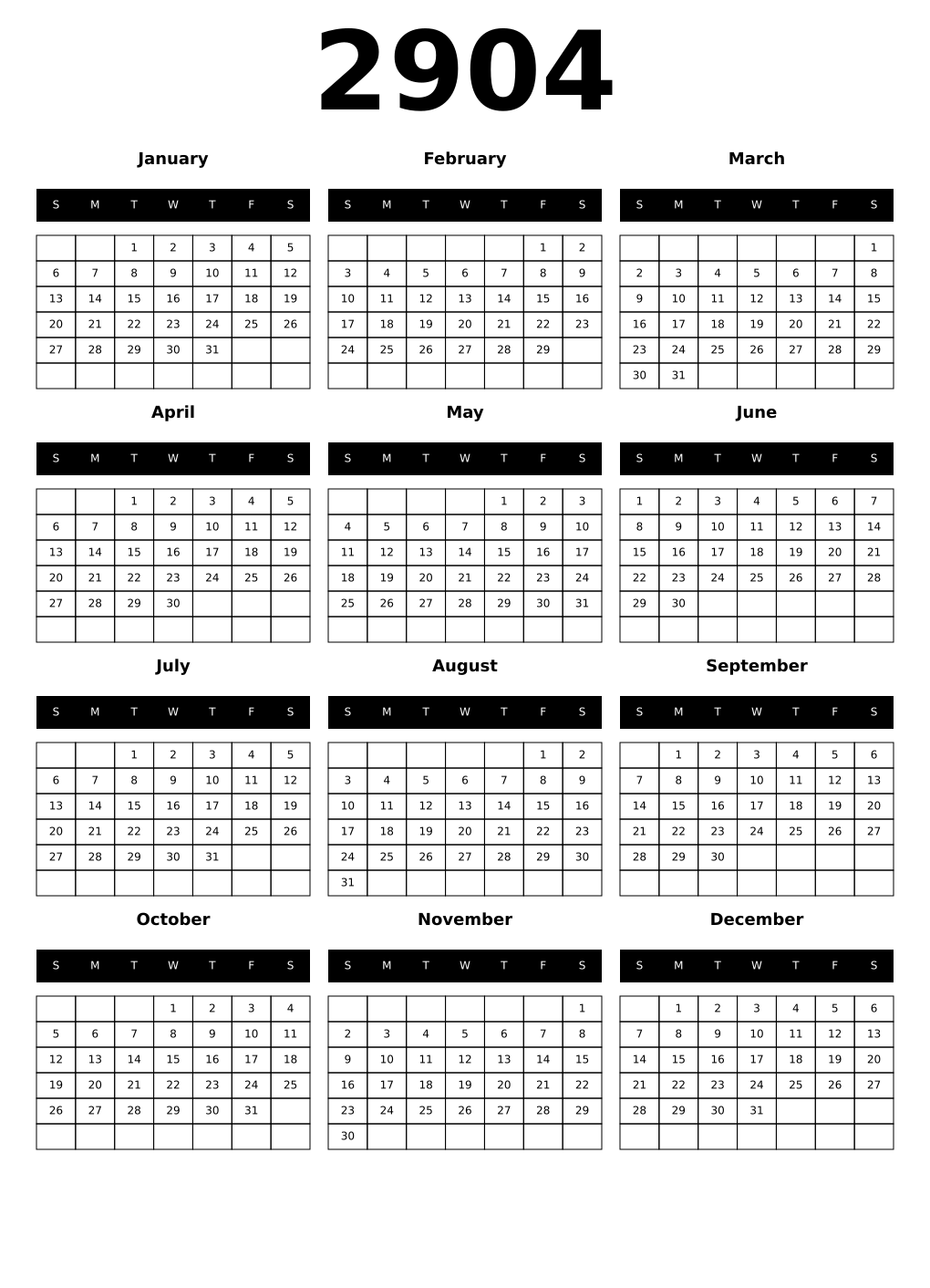 Printable 2904 Calendars