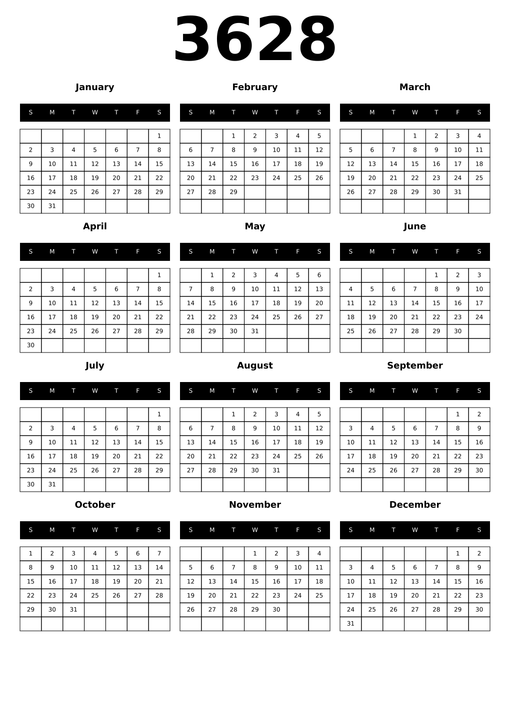 Printable 3628 Calendars