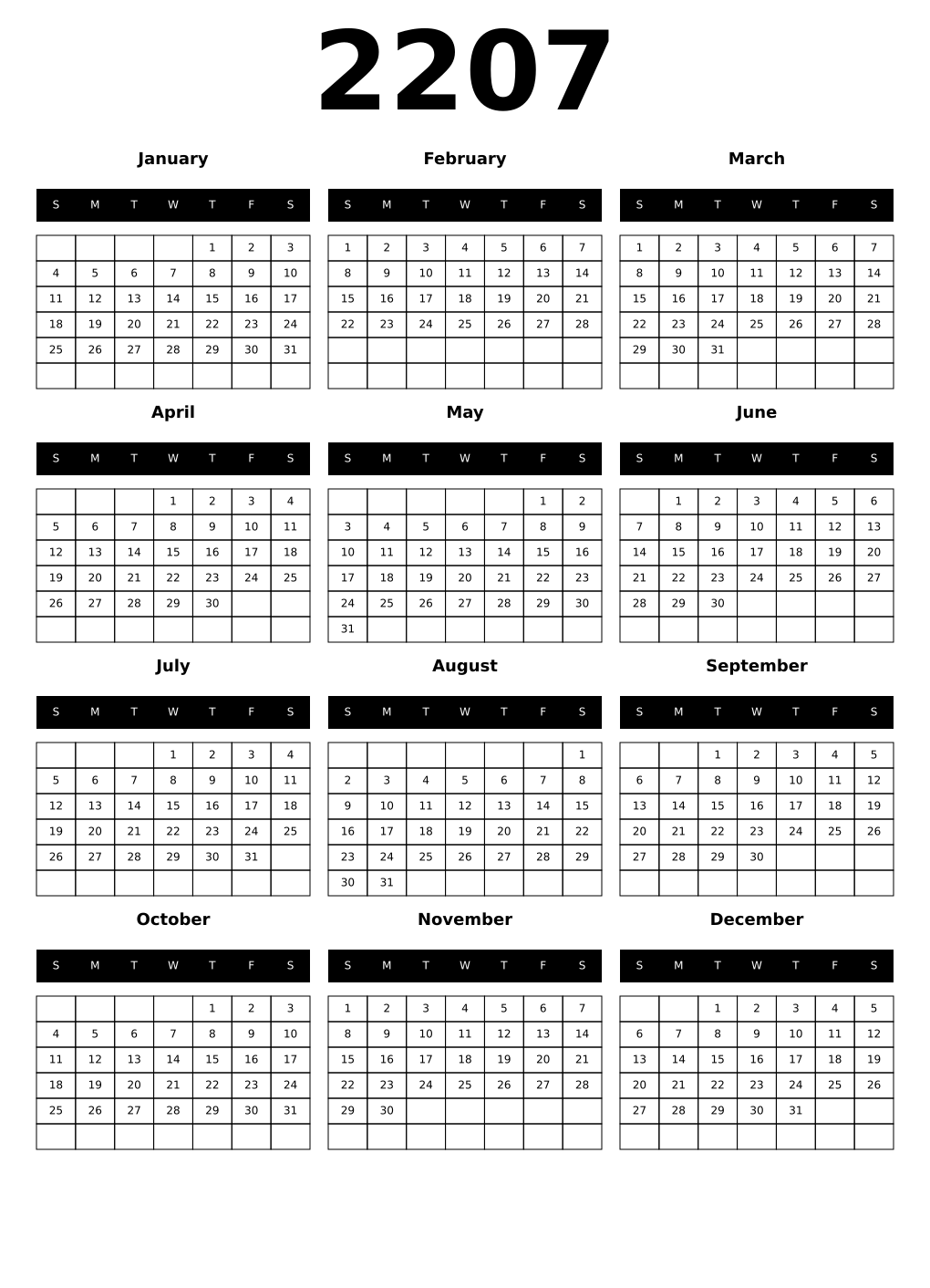 Printable 2207 Calendars