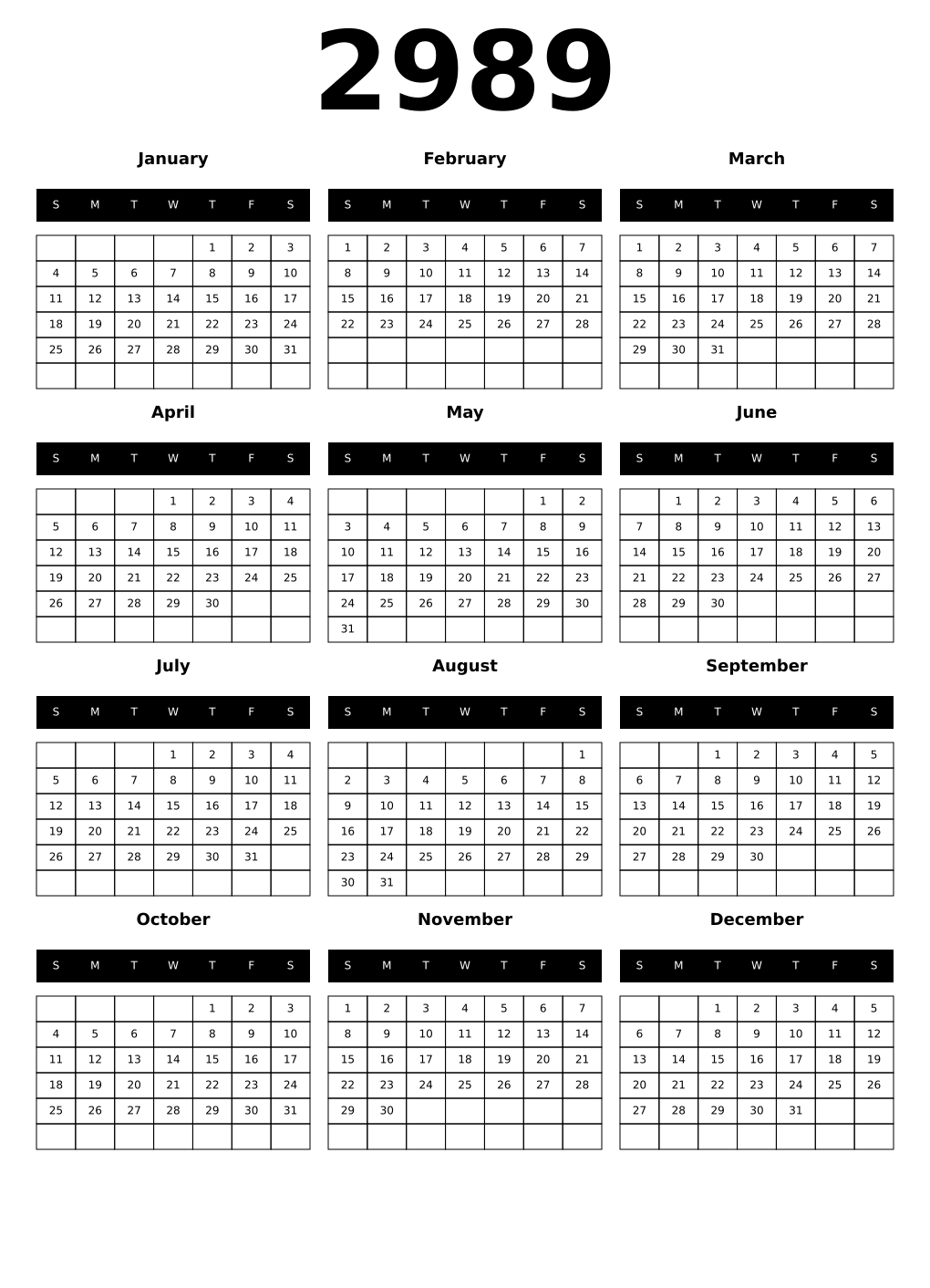 Printable 2989 Calendars