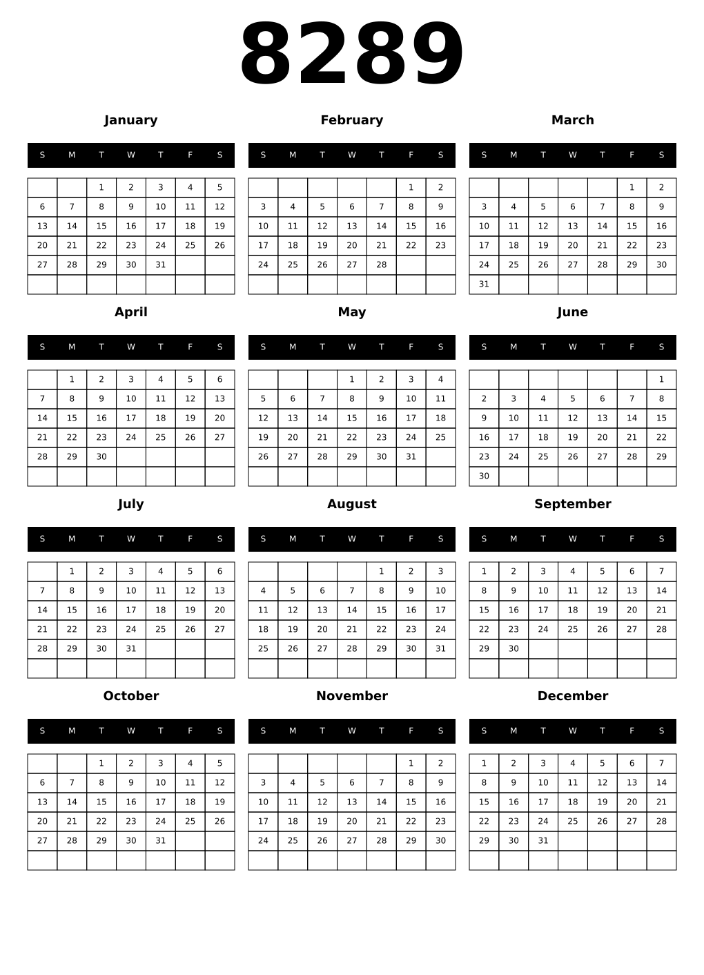 Printable 8289 Calendars