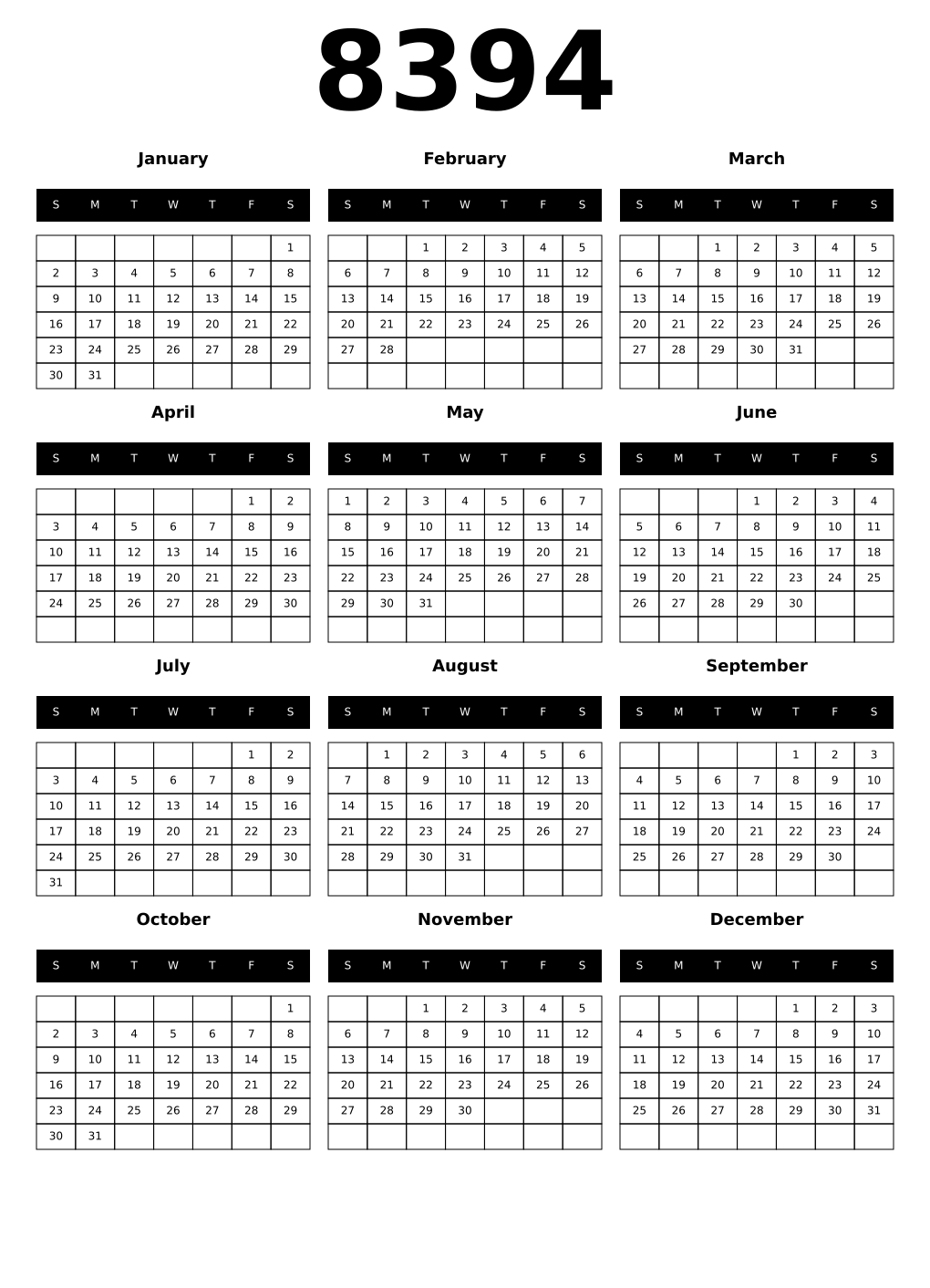 Printable 8394 Calendars