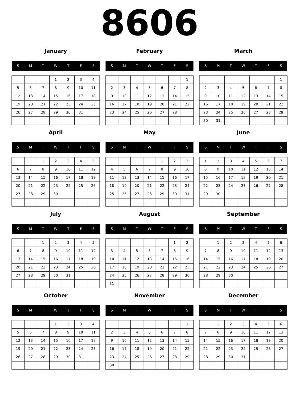 Printable 8606 Calendars