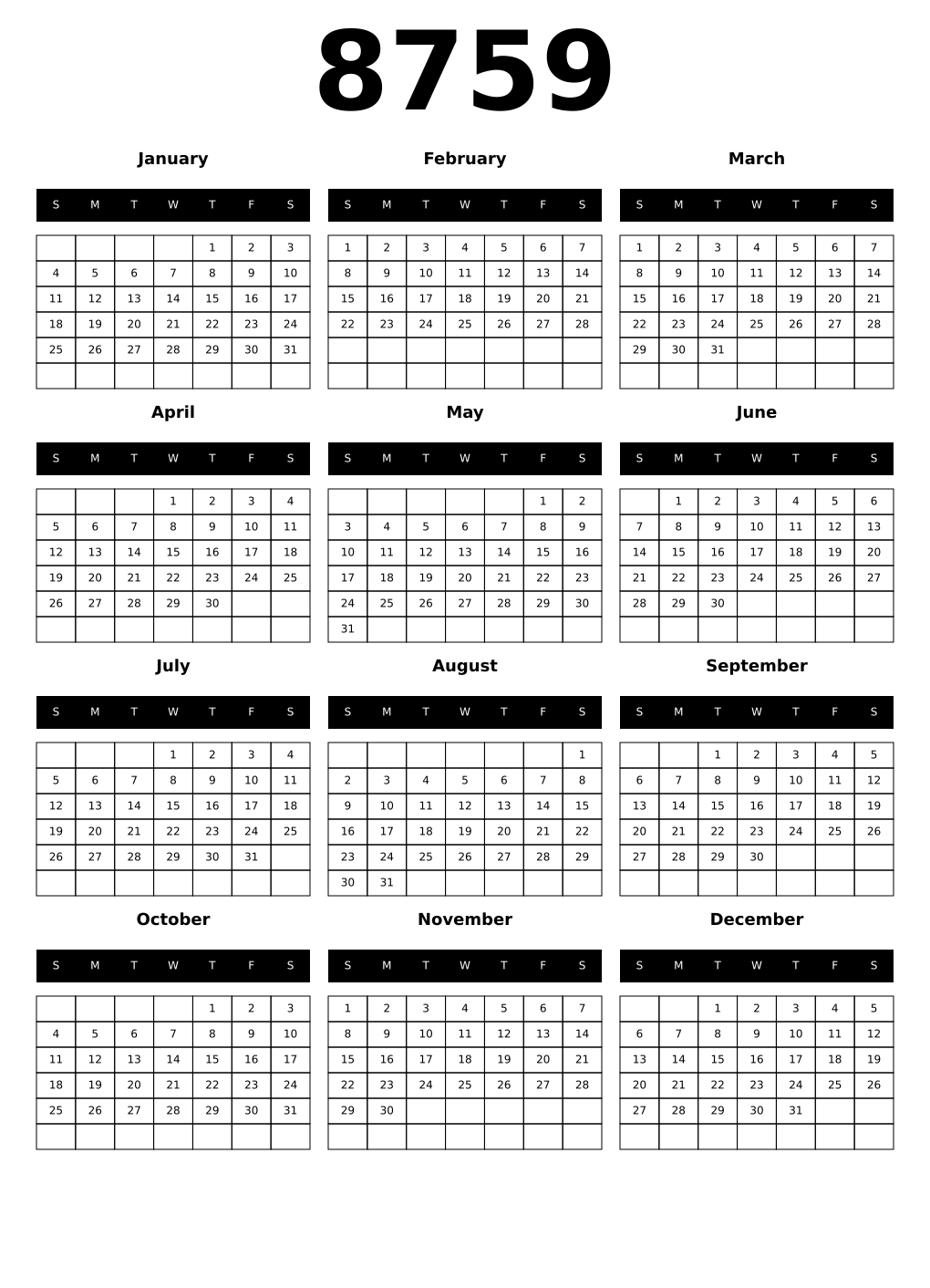 Printable 8759 Calendars
