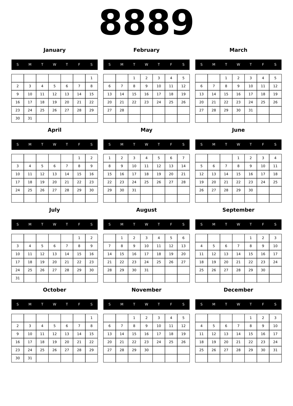 Printable 8889 Calendars